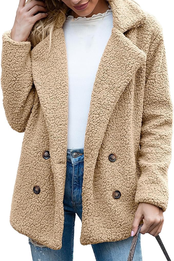 Button Down Fuzzy Jacket Coats for Women Winter Faux Fur Cashmere Overcoat Long Sleeve Fleece Cardigan Sweaters