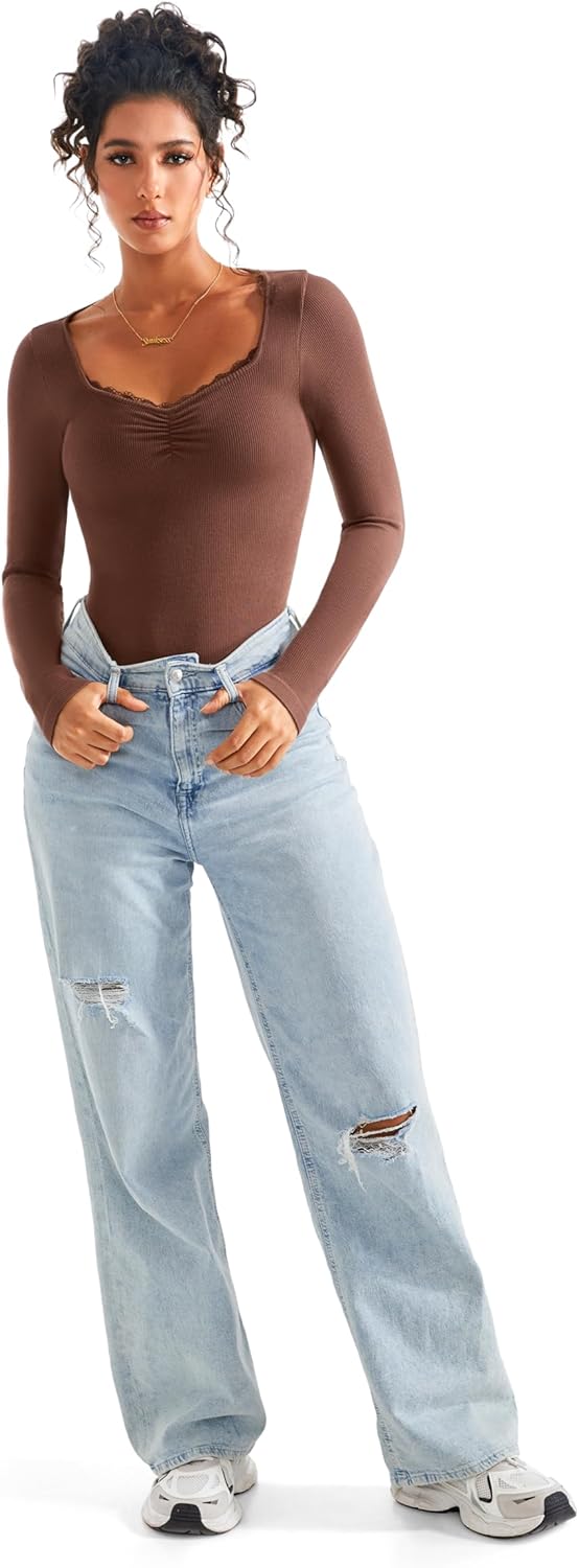 SUUKSESS Women Sweetheart V Neck Long Sleeve Tops Lace Trim Ribbed Modal Fall Going Out Shirts - Image 4