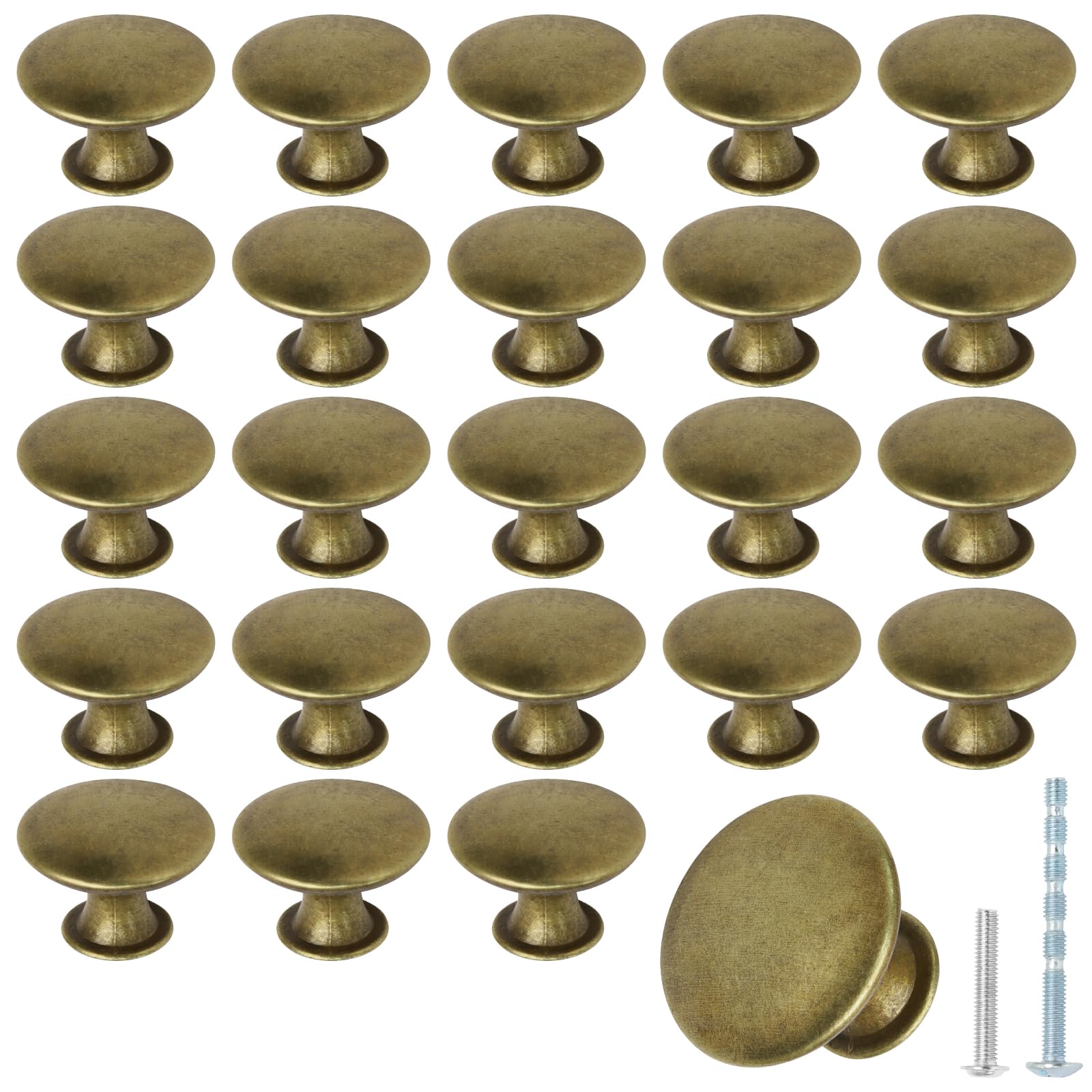 Moicstiy 24 Pcs Antique Brass Kitchen Cabinet Knobs Handle Pulls, 30mm Vintage Round Drawer Knob Pulls for Dresser, Cupboard, Bathroom, Kitchen, Closet