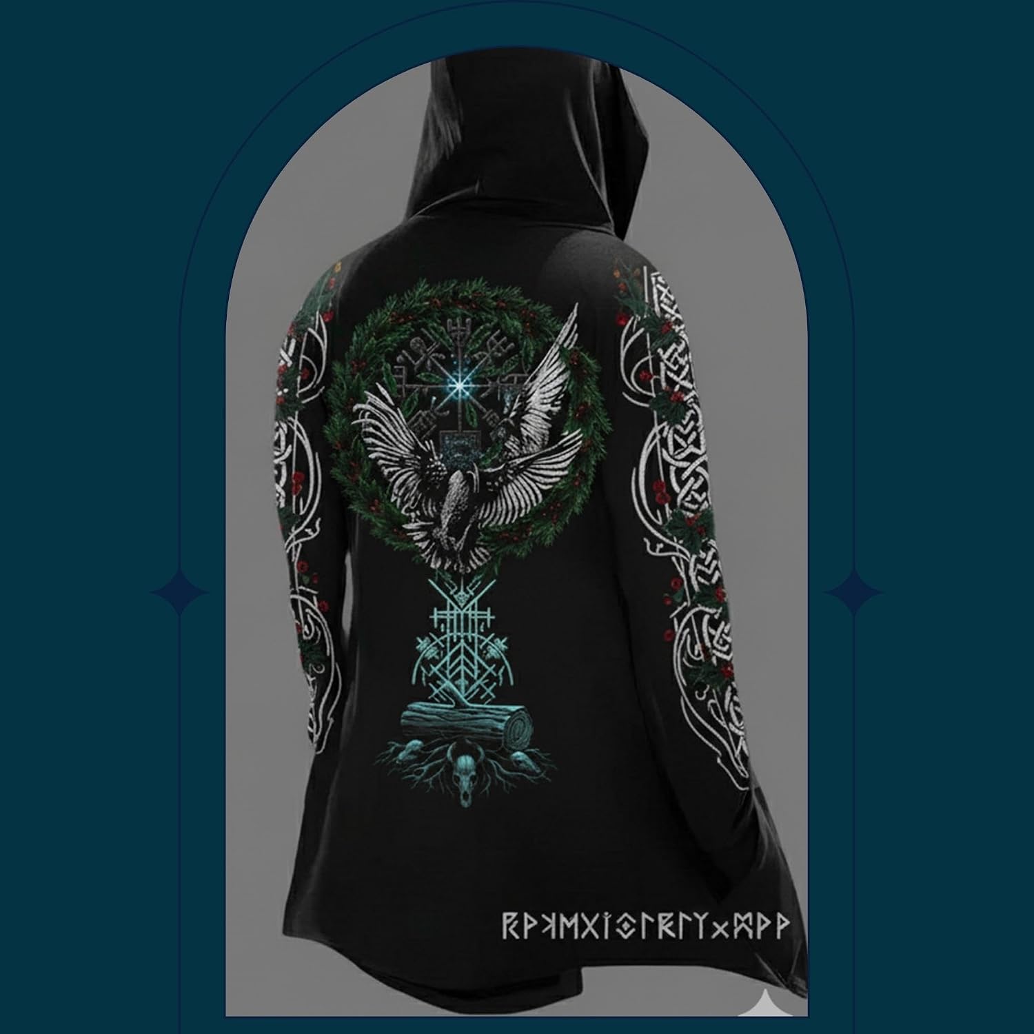 Viking Hooded Cloak, Norse Mythology Rune Hooded Cardigan Winter Jacket for Men, Yule Christmas Pagan Cosplay Clothes