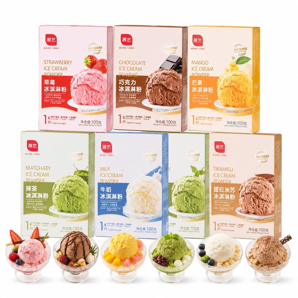 Mezcla De Helado En Polvo 6 Sabores For Casero, Paquete 100 G, Fresa, Matcha, Chocolate, Taro, Mango Y Vainilla