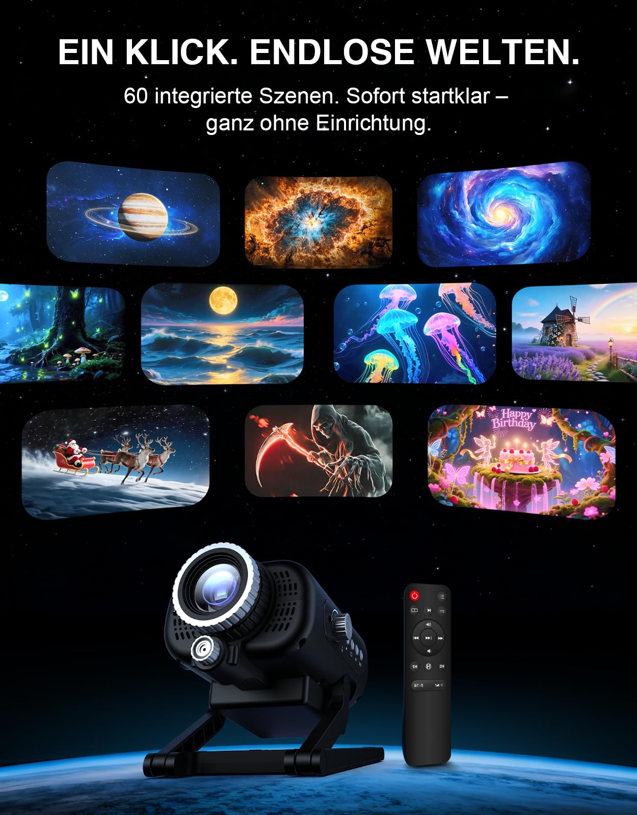 3D Galaxie Projektor mit Sternenhimmel und Bluetooth-Lautsprecher, 60 integrierte HD-Szenen ohne Projektionsscheiben, Fokus, weißes Rauschen, Fernbedienung, Nachtlicht fürs Schlafzimmer