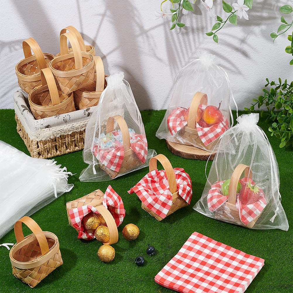 INTERWARM 24 Set Mini Picknickkörbe Aus Gewebtem Stoff Mini Blumen Und Obstkörbchen Mit 40 Stück Seidenpapier Und 24 Organza Geschenktüten Kleine Chips Körbchen Für Und Ostern Partygeschenke