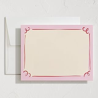 Minted Curly Corners Stationery Set, Set of 10, Flat Note Cards & Envelopes for Invitiations and Handwritten Thank You Messages, Pink Hand-Drawn Frame Design, Gifts for Women, Luxurious Paper