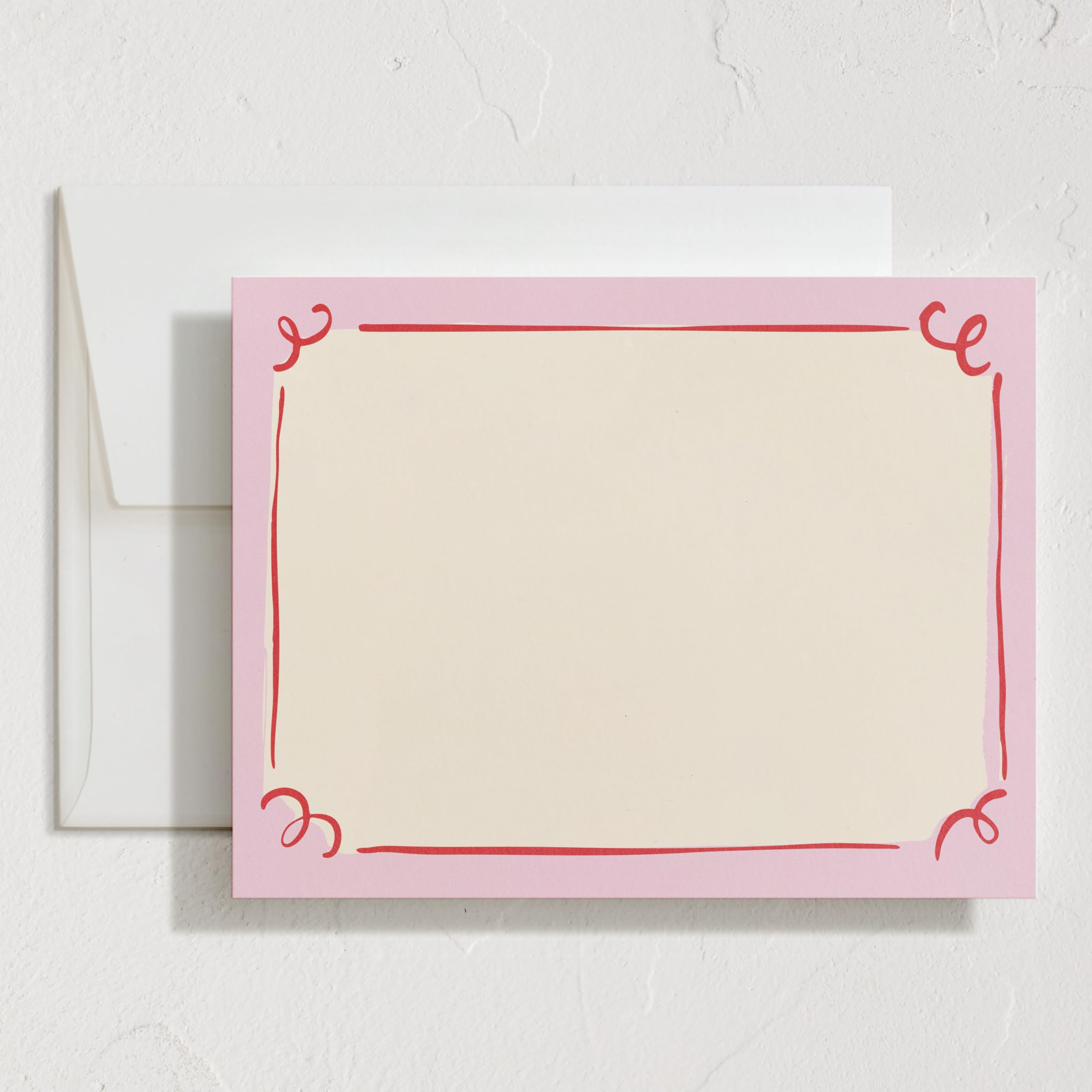 Minted Curly Corners Stationery Set, Set of 10, Flat Note Cards & Envelopes for Invitiations and Handwritten Thank You Messages, Pink Hand-Drawn Frame Design, Gifts for Women, Luxurious Paper