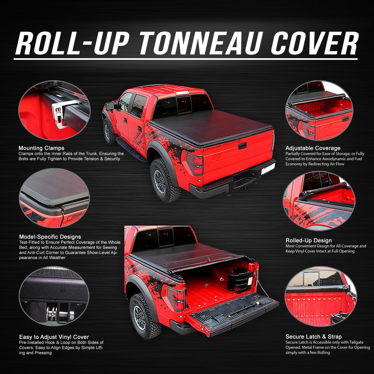 Roll-Up Truck Bed Cover Soft Vinyl Tonneau Cover Compatible with 1999-2013 Sierra Silverado 1500 8Ft Fleetside/Styleside Bed Only, Black