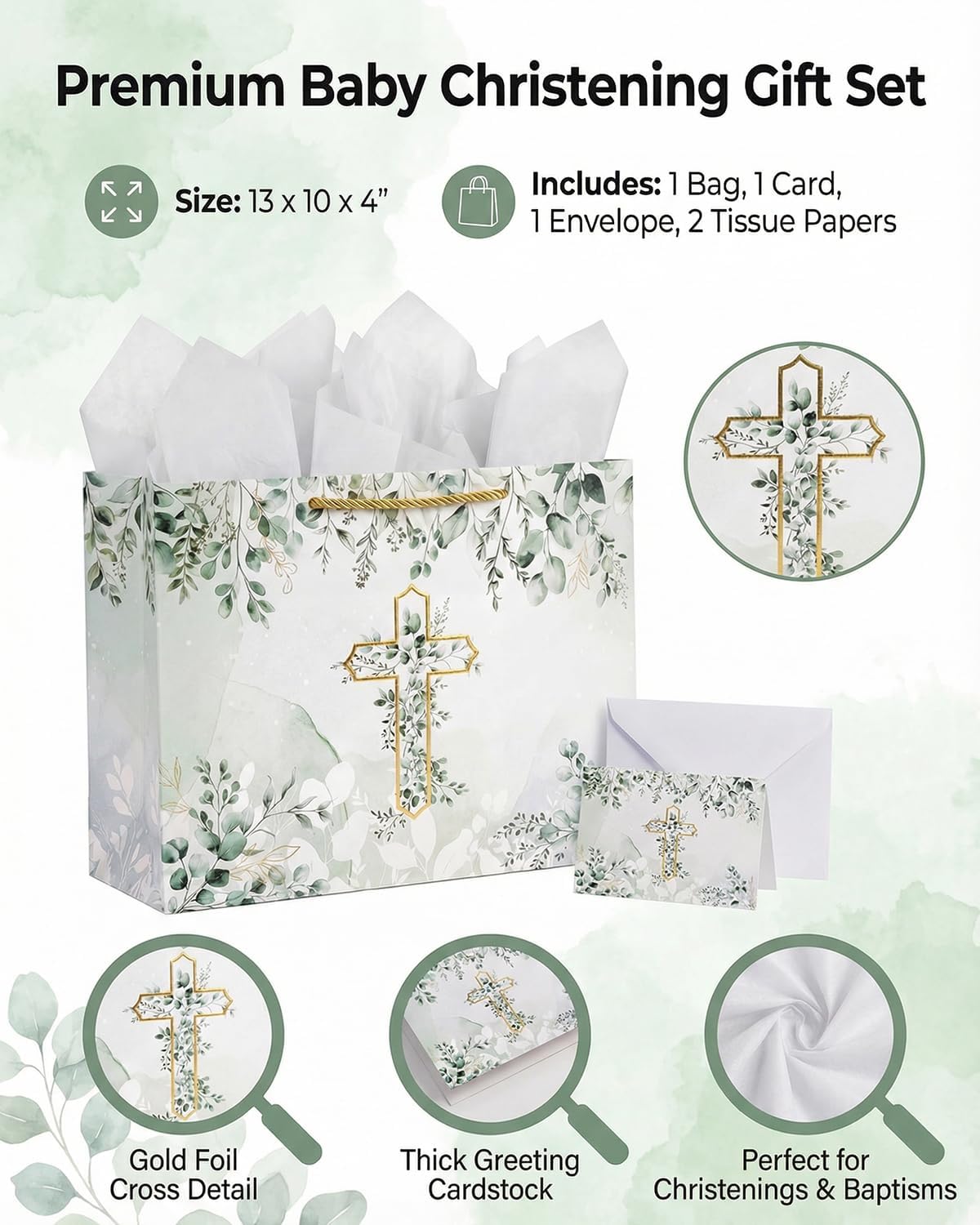 GFInYHM Baptism Gift Bag with Card and Tissue Paper, 13" Gold Foil Cross Eucalyptus Leaves Religious Gift Bags Set for First Communion, Christening, Baby Shower, Wedding, Easter, Confirmation