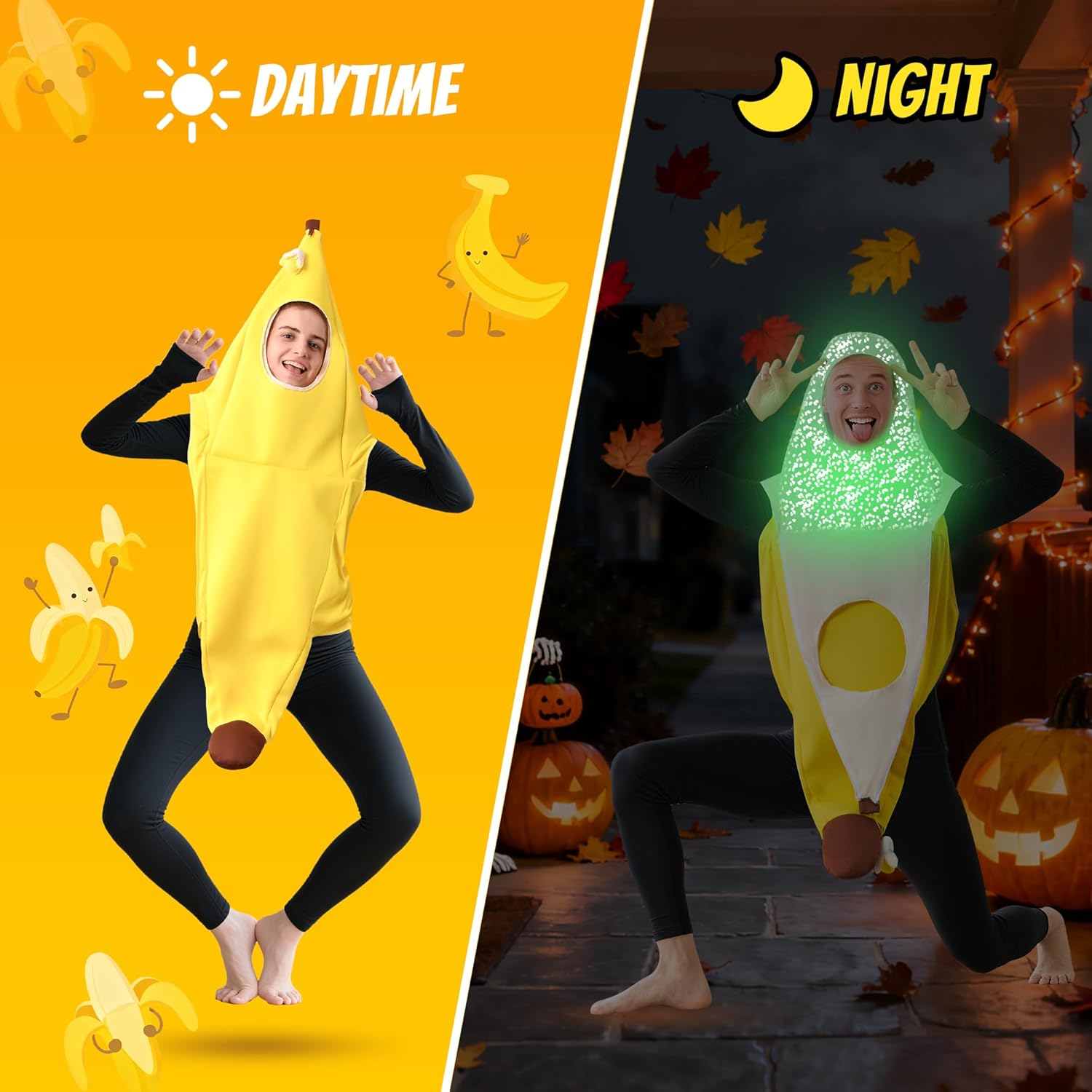 Banana Costume Glow in the Dark Fruit Halloween Costume for Adults, Funny Unisex Outfit- Party, Dress Up Cosplay - Image 3