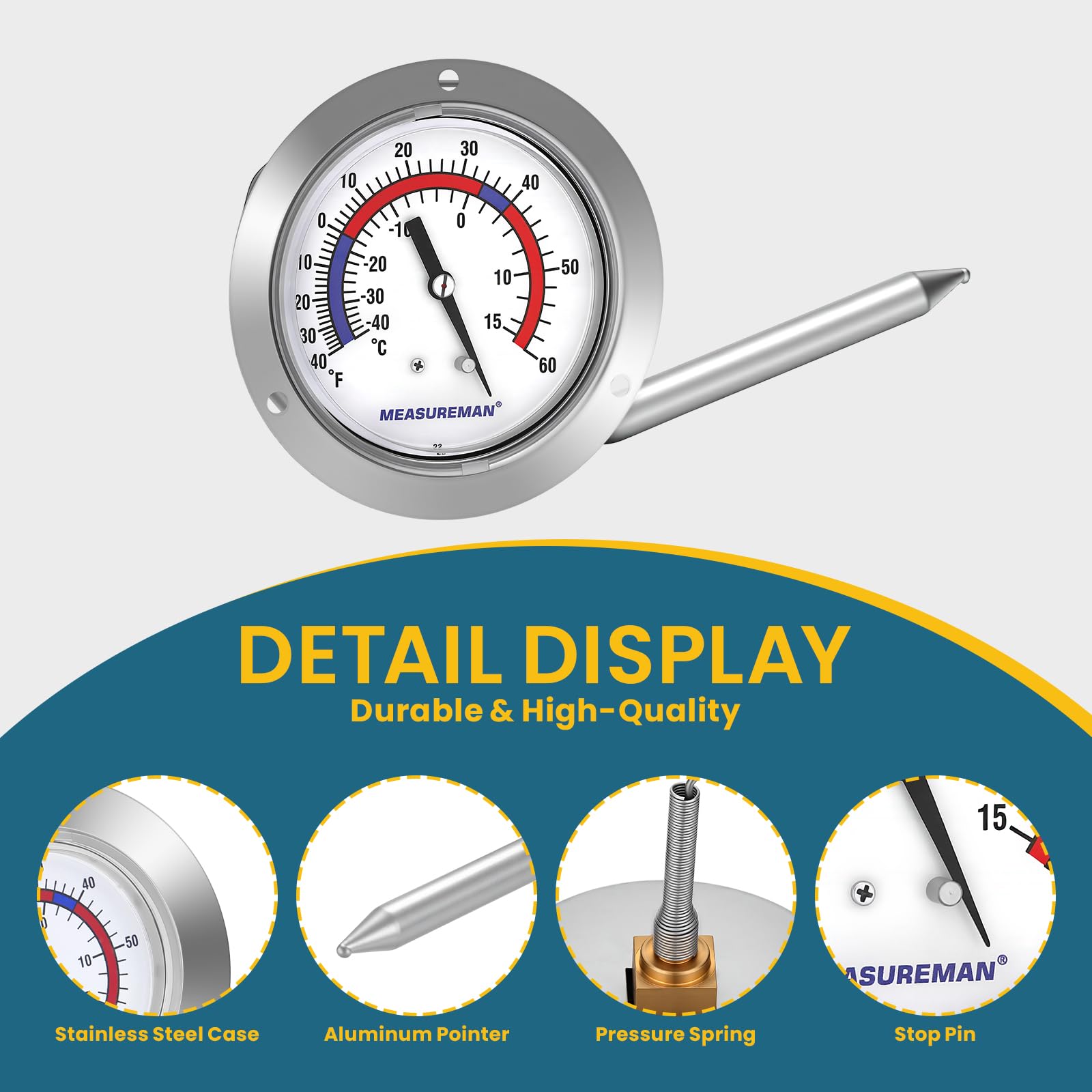 MEASUREMAN Vapor Capillary Flanged Panel Mount Refrigeration Thermometer, 2.5" Dial, 48" Capillary, -40-60 deg F/-40-15 deg C, Re-Calibration Available — Amazon image 2