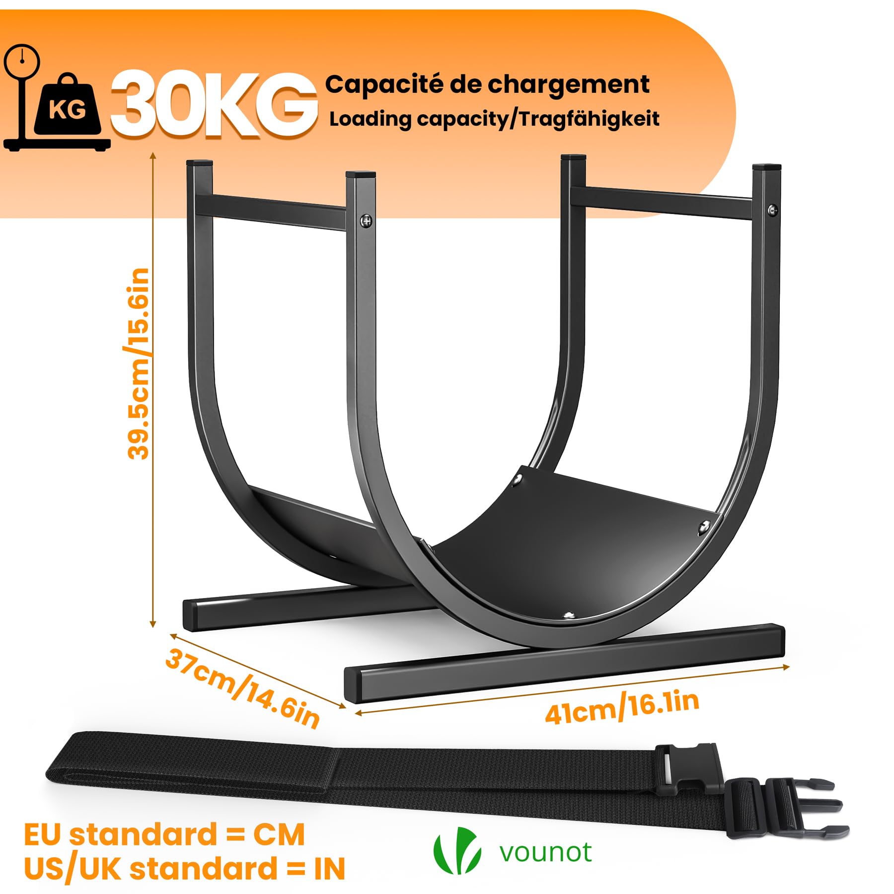 VOUNOT® Portalegna da Interno a Forma di U con Cinghia di Sicurezza, Cesta Porta Legna in Metallo per Camino e Esterno, Base Robusta e Stabile per Legna da Ardere, 41x37x39,5 cm, Nero