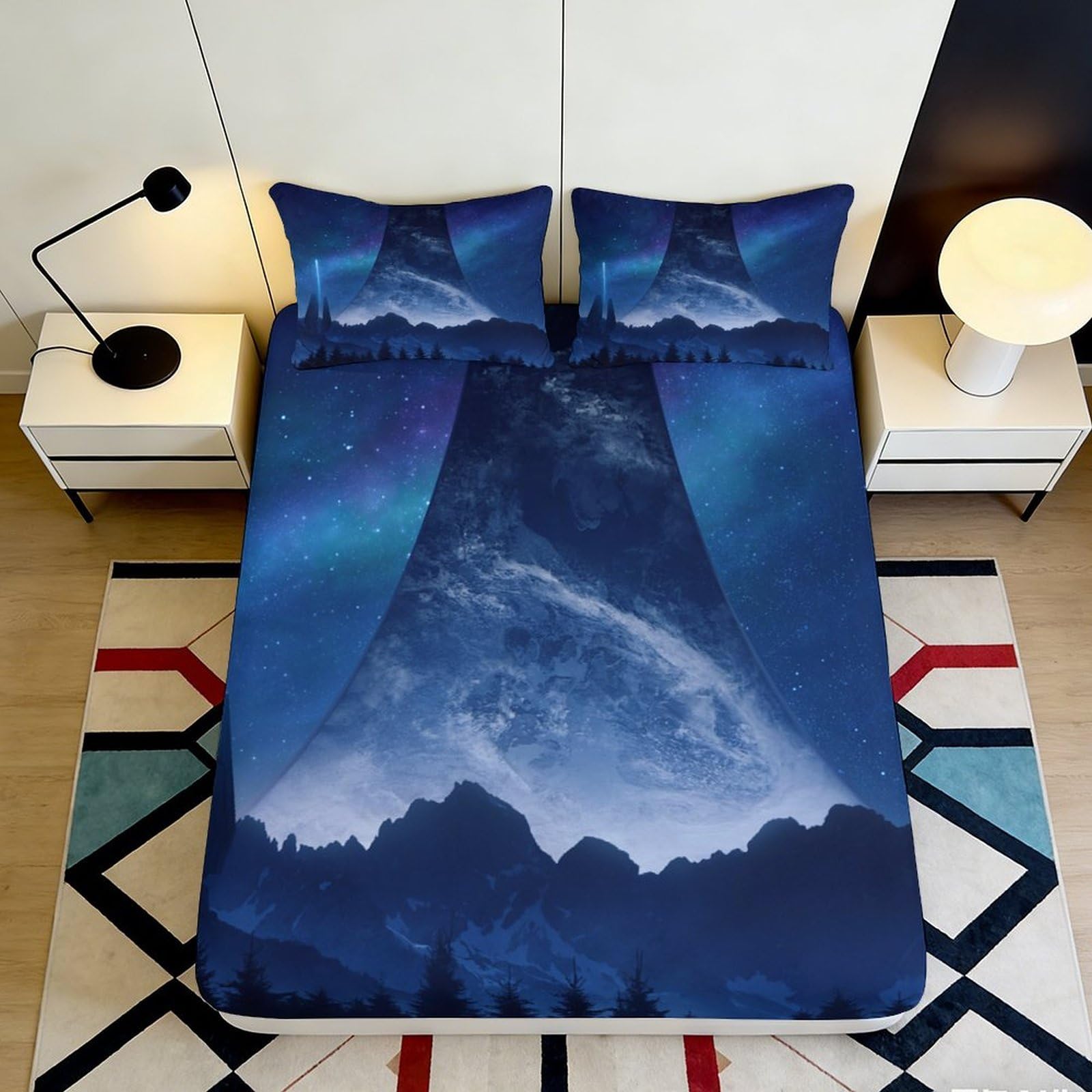 3D Printed Aurora Mountain Fitted Sheet Microfiber Soft Breathable Nebula Mattress Cover for Bedroom Dorm Decor 90x200x25cm