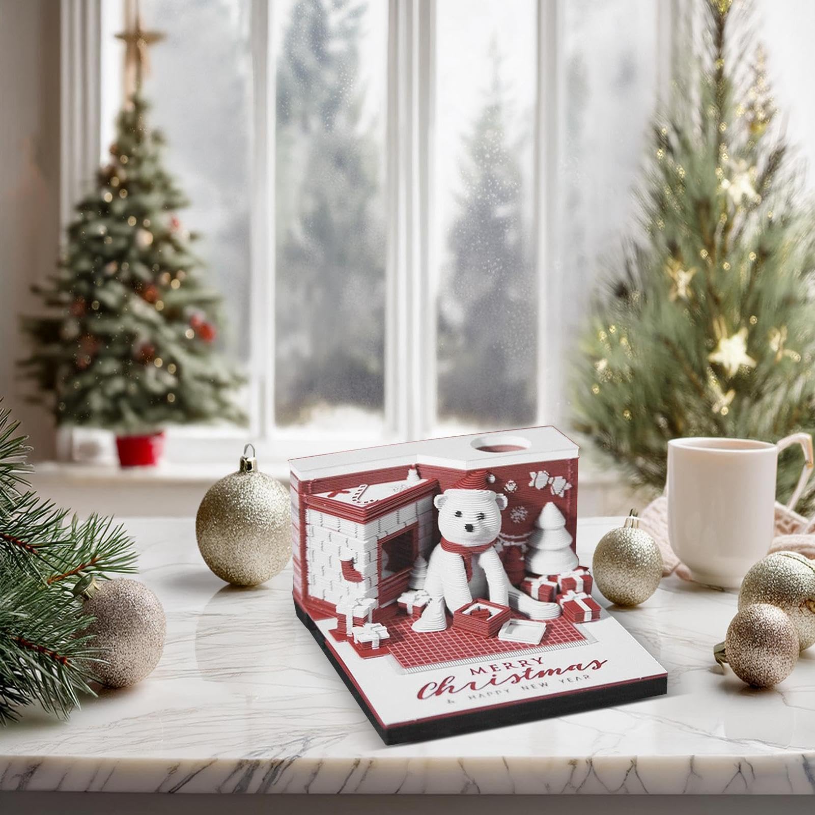 Memo Pad Kalender 2025 mit LED-Lichtern | Papierschnitzerei Tischkalender | 2025 Kalender mit LED-Lichtern | Künstlerischer Weihnachtsbär 2025 Kalender für Schreibtisch, Heimdekoration und Geschenk