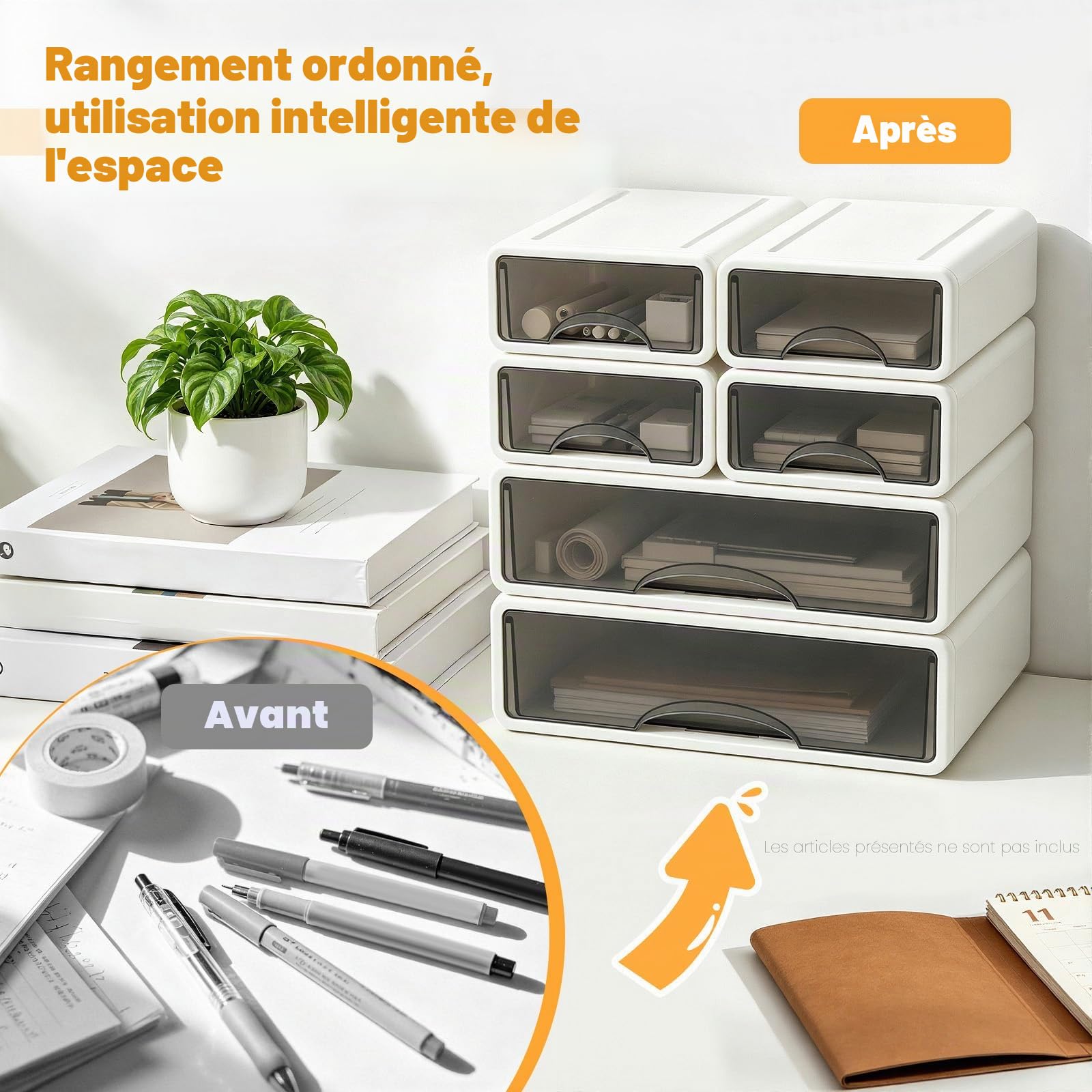 Organiseur de bureau, 6 compartiments, tiroirs fermés, empilable, en plastique, avec poignées, fournitures de bureau, pour la maison et le bureau, 34 x 25 x 33 cm, blanc