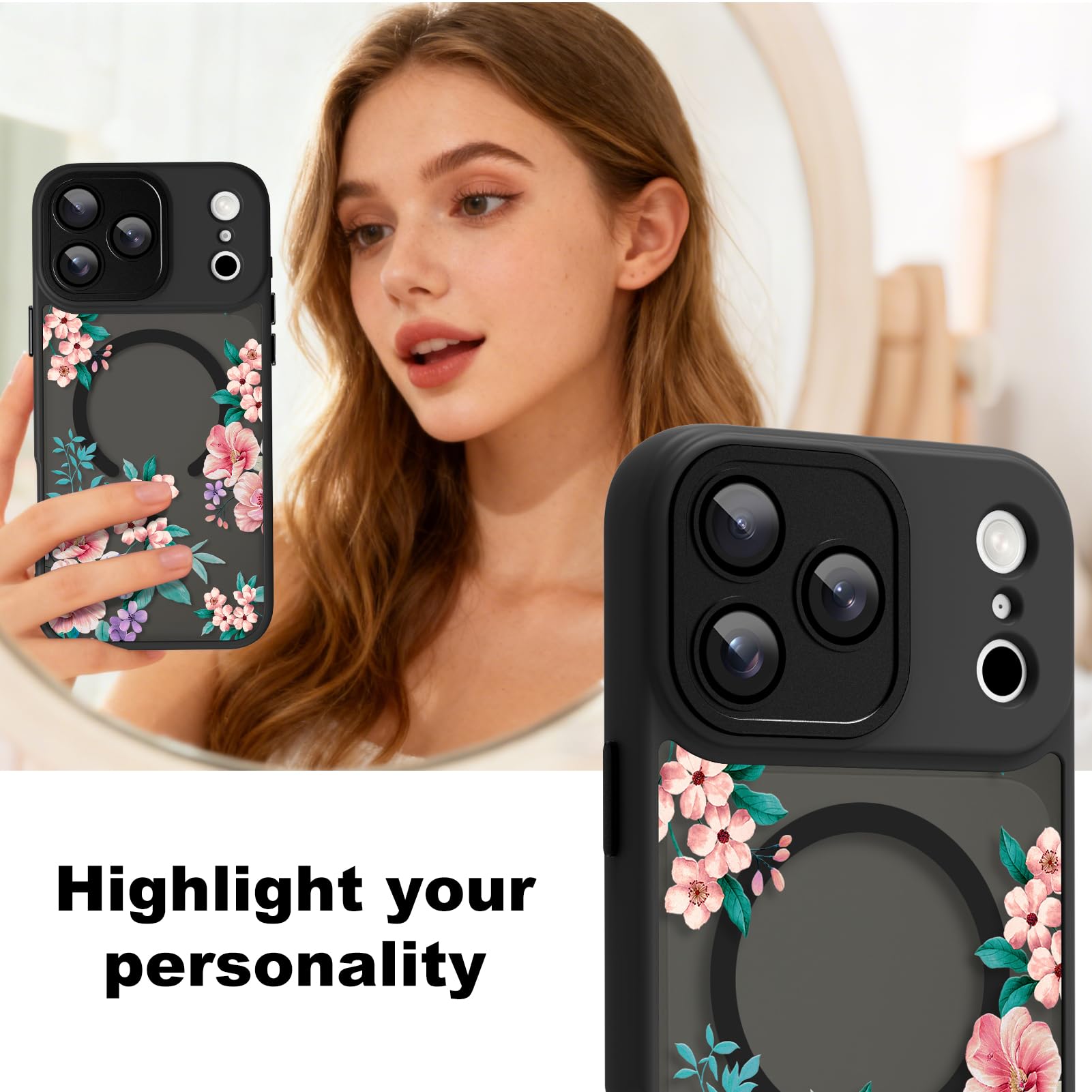 Custodia magnetica per iPhone 17 Pro, compatibile con Magsafe, graziose foglie floreali per donne e ragazze, protezione completa della fotocamera, sottile, antiurto, traslucida, opaca, nera