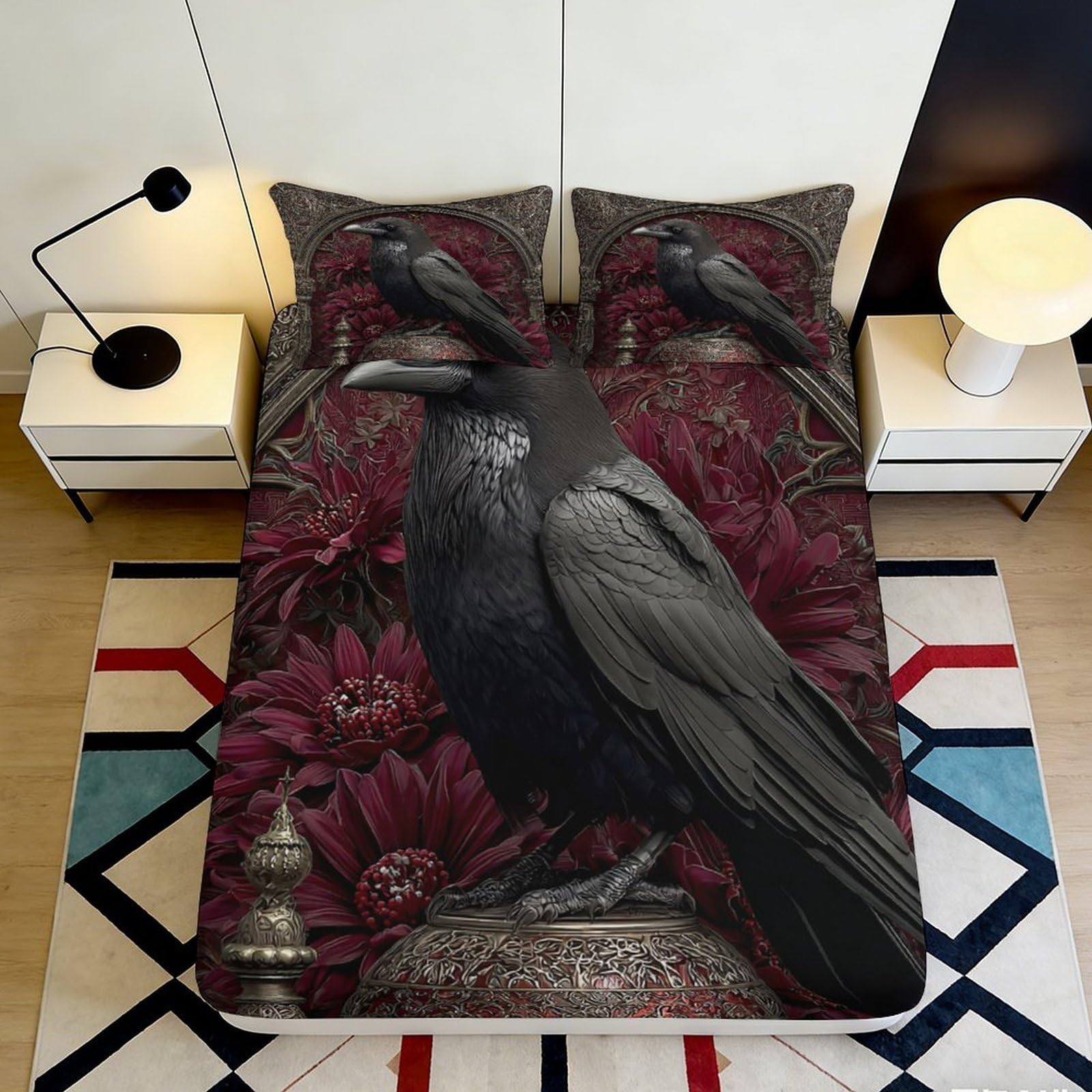 3D Printed Dark Raven Floral Fitted Sheet Microfiber Bedroom Decor Gothic Crow Bed Cover for Mattress Protection 90x200x25cm