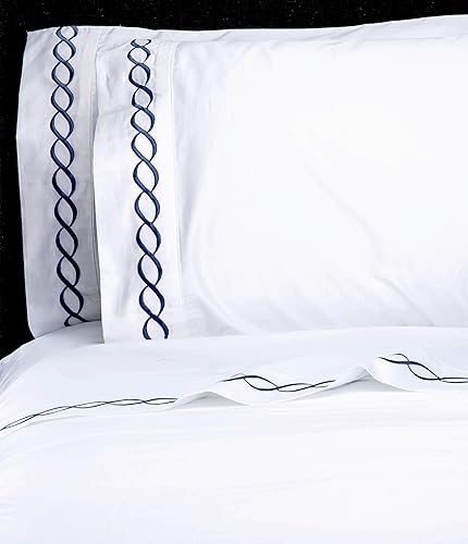 Miniatura 2 de Melange Home - Juego de sábanas de satén con cuerda de algodón bordado, color azul marino sobre blanco