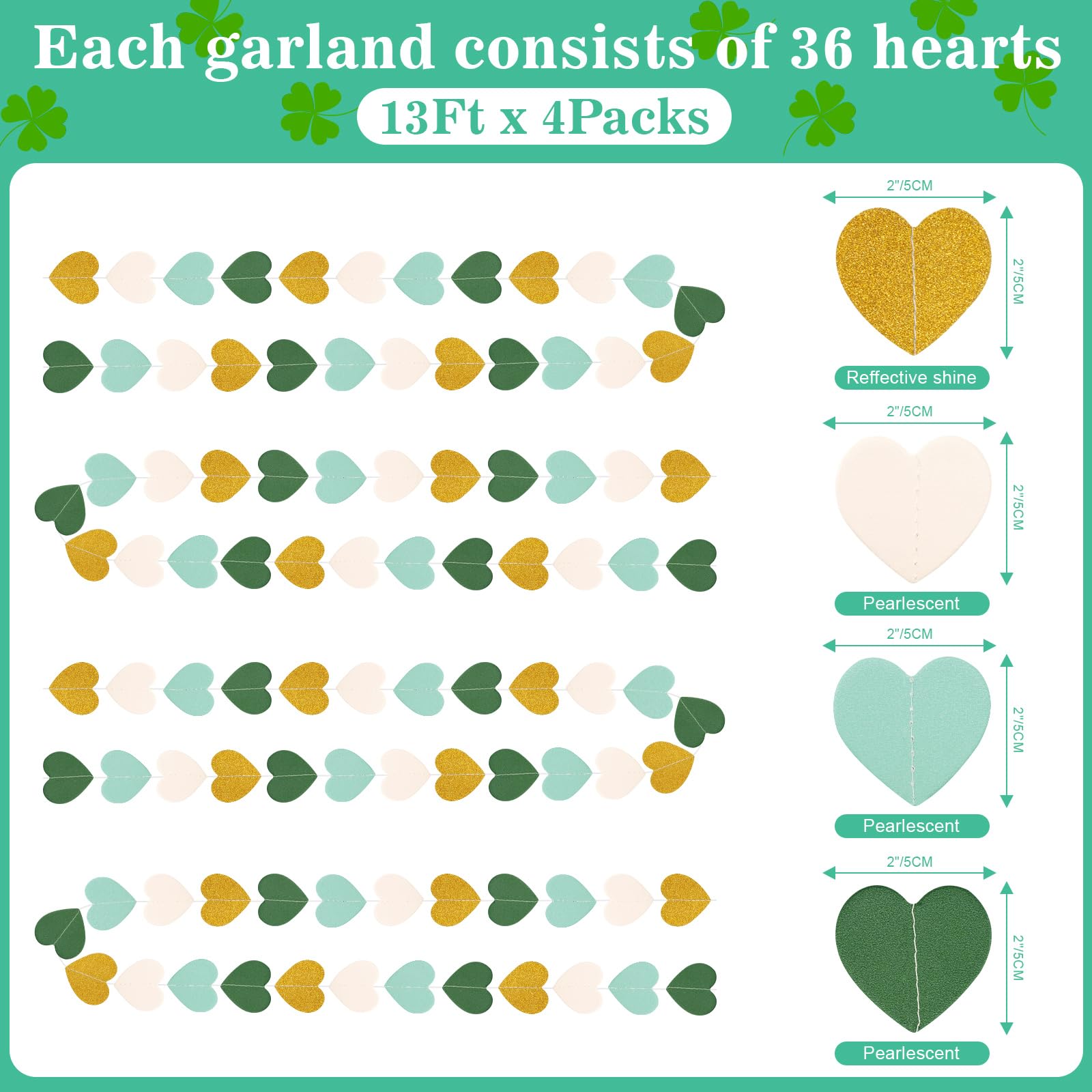 G2PLUS Glitter Heart Garland, 16m Green White Gold Hearts Hanging Garlands - Image 2