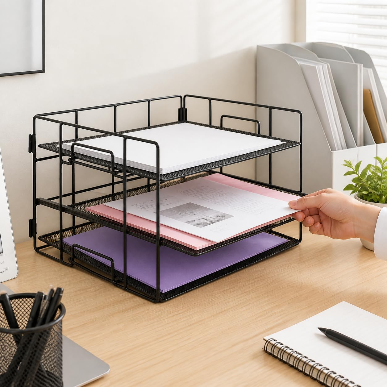 Stapelbare Ablagefächer, Metall Briefablage A4, 3-lagige Dokumentenablage für Büro Office, platzsparend 45x32x32cm, White