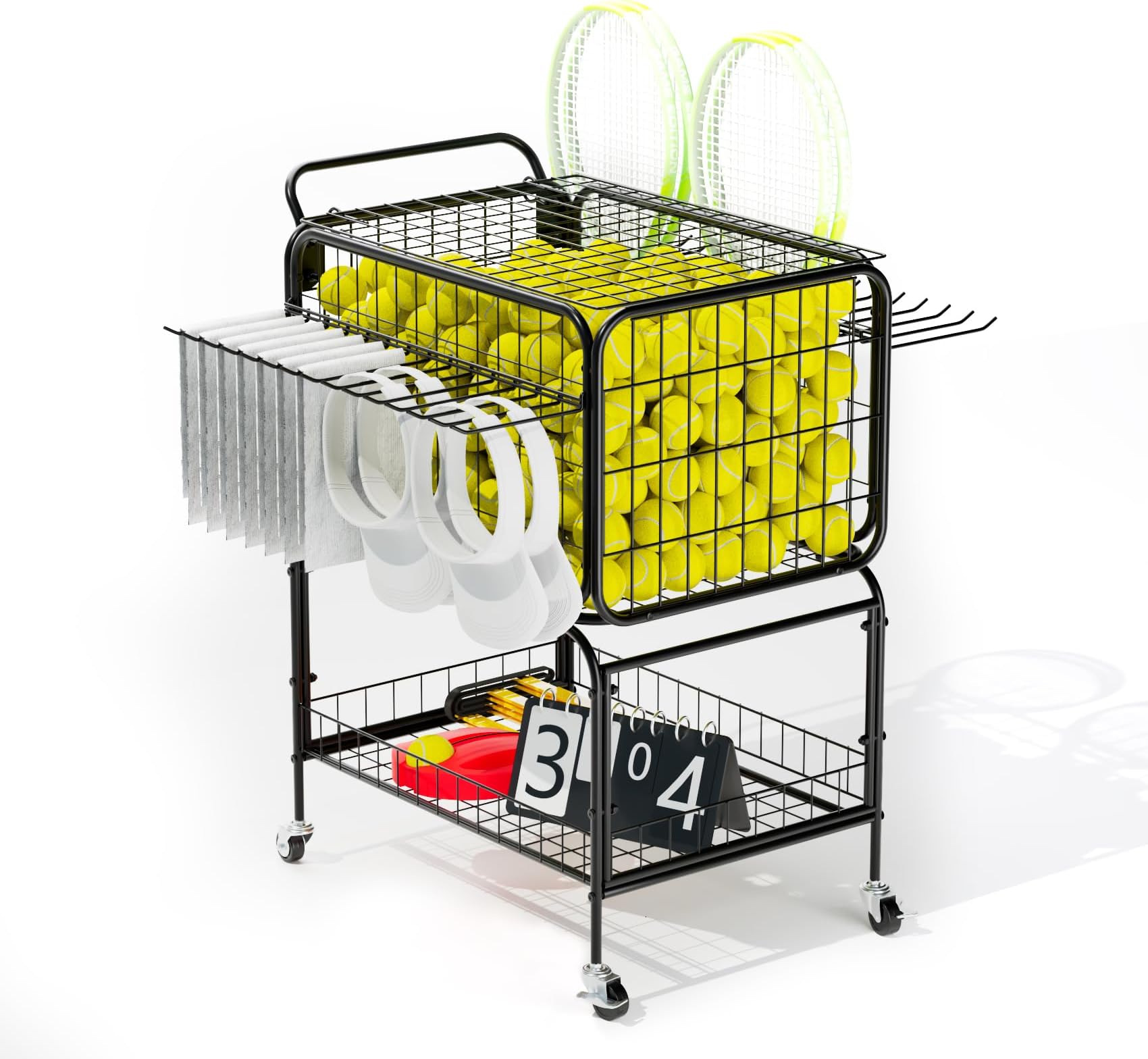Tennis Ball Cart, Tennis Racket Holder, for 350 Balls, Trolley Cart with Wheels Laundry Basket, Extra Large Utility Trolley for Storage Sport Equipments DIY Tools Toys Ball Hopper Tennis Racket
