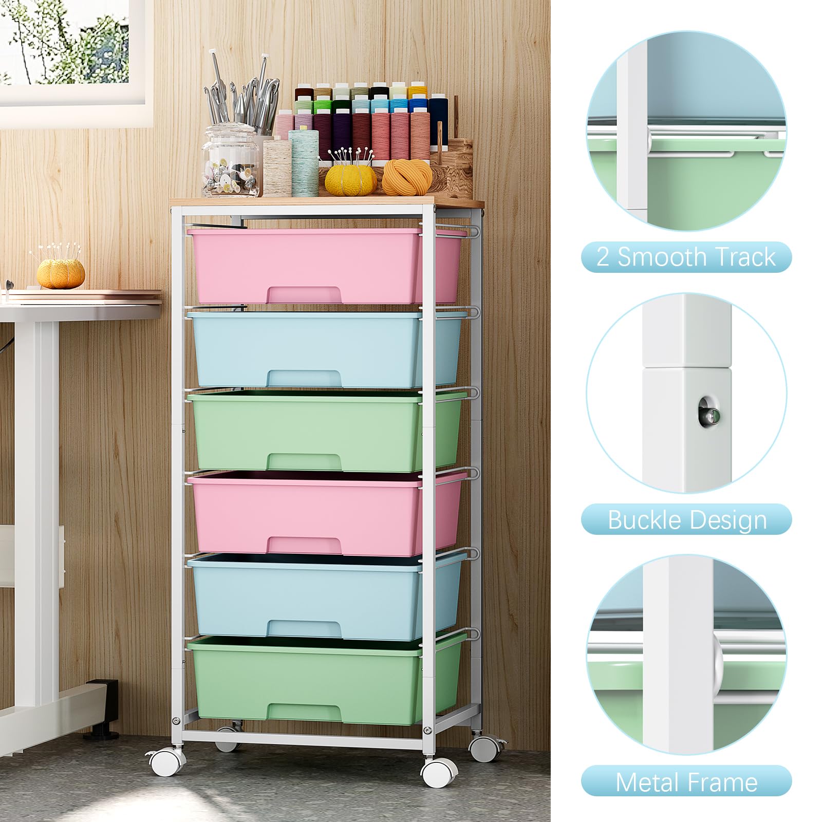 Cajonera con Ruedas KINGRACK con 6 Cajones Grandes y Estantes - Carrito Organizador para Oficinas, Habitaciones Infantiles y Salas de Manualidades (Colorido)
