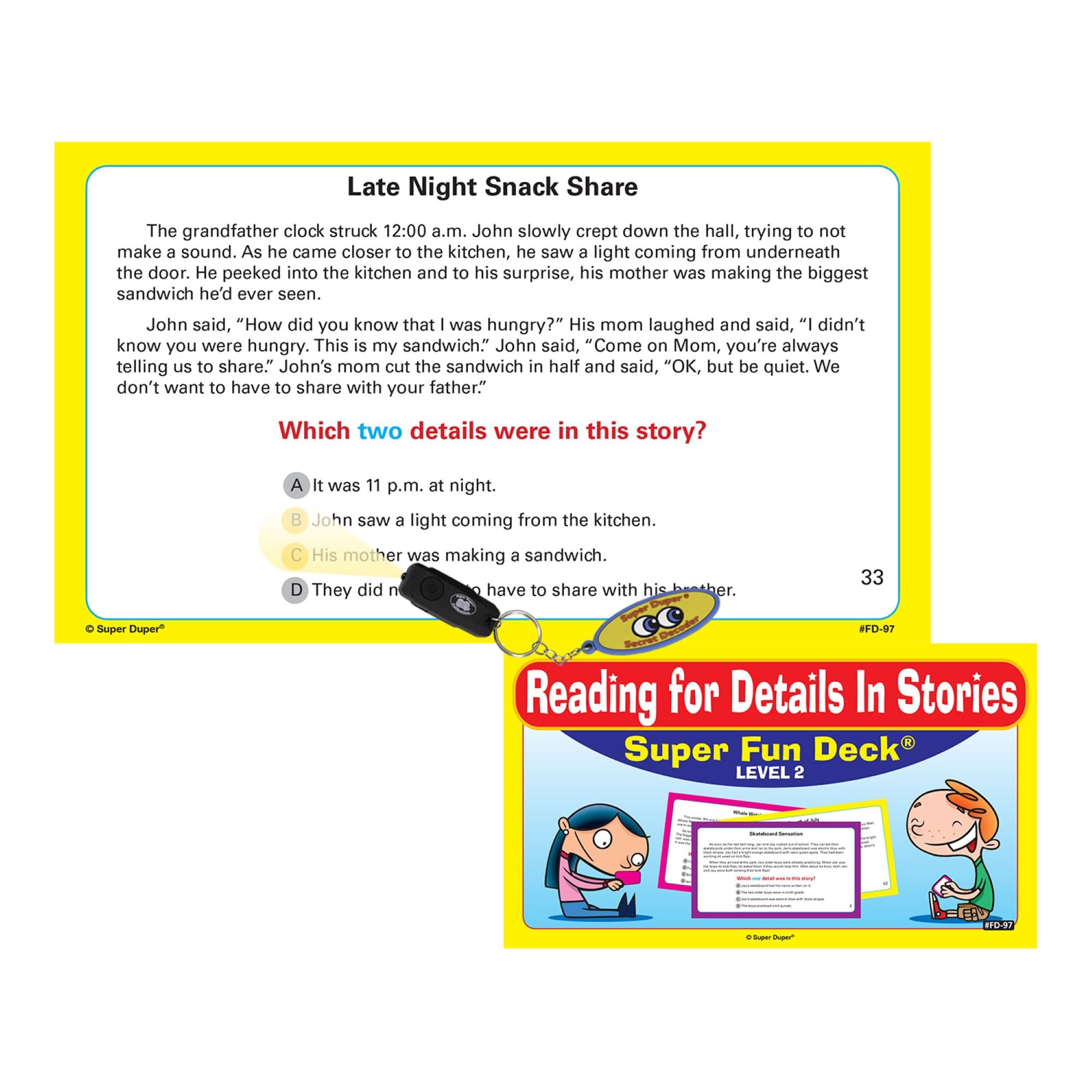 Super Duper Publications | Lecture pour plus de détails dans les histoires Cartes flash amusantes avec décodeur secret | Ressource d'apprentissage éducative pour les enfants