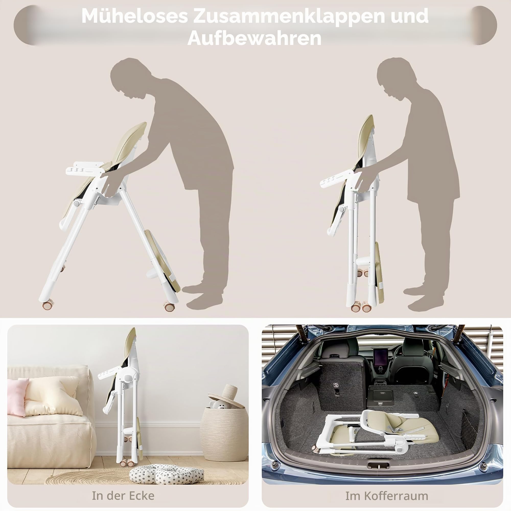 UISEBRT Kinderhochstuhl Klappbar, Höhenverstellbarer Baby Essstuhl mit Liegefunktion, Verstellbarem Doppeltablett und 5-Punkt-Gurt, Tragbarer Hochstuhl für Zuhause und Unterwegs, Beige