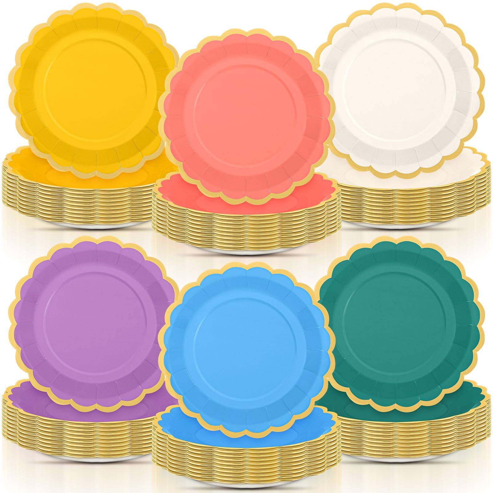 96 Pcs Boho Rainbow Paper Plates 9 Inch Colorful Scalloped Paper Plates Disposable Dinner Dessert for Birthday Wedding Bridal Party Supplies, 6 Colors