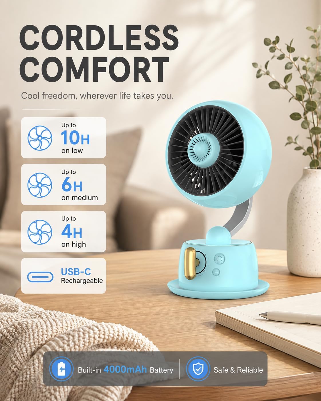 Rechargeable Desk Fan with Mechanical Controls, Metal Body, Blue