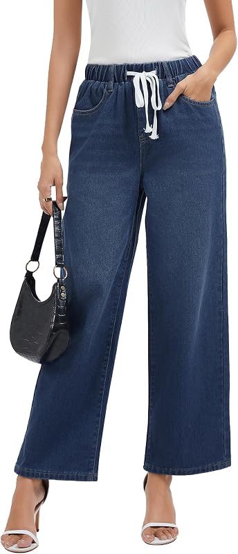 Bosmeer Jeans for Women Wide Leg High Waisted Baggy Jeans Stretchy Straight Leg Drawstring Loose Denim Pants