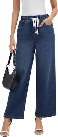 Bosmeer Jeans for Women Wide Leg High Waisted Baggy Jeans Stretchy Straight Leg Drawstring Loose Denim Pants