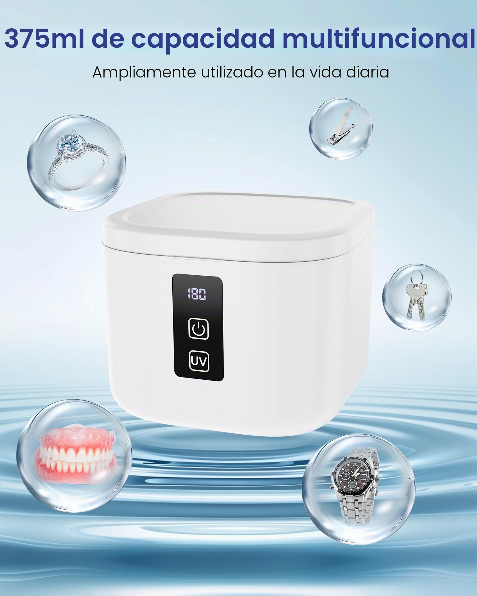 Limpiador Ultrasónico, 48000Hz Limpieza Dental Ultrasonidos, 375ML con 4 Lámparas UV Automáticas, para Ultrasonidos Limpieza Dental de Dentaduras, Retenedores, Alineadores y Joyas