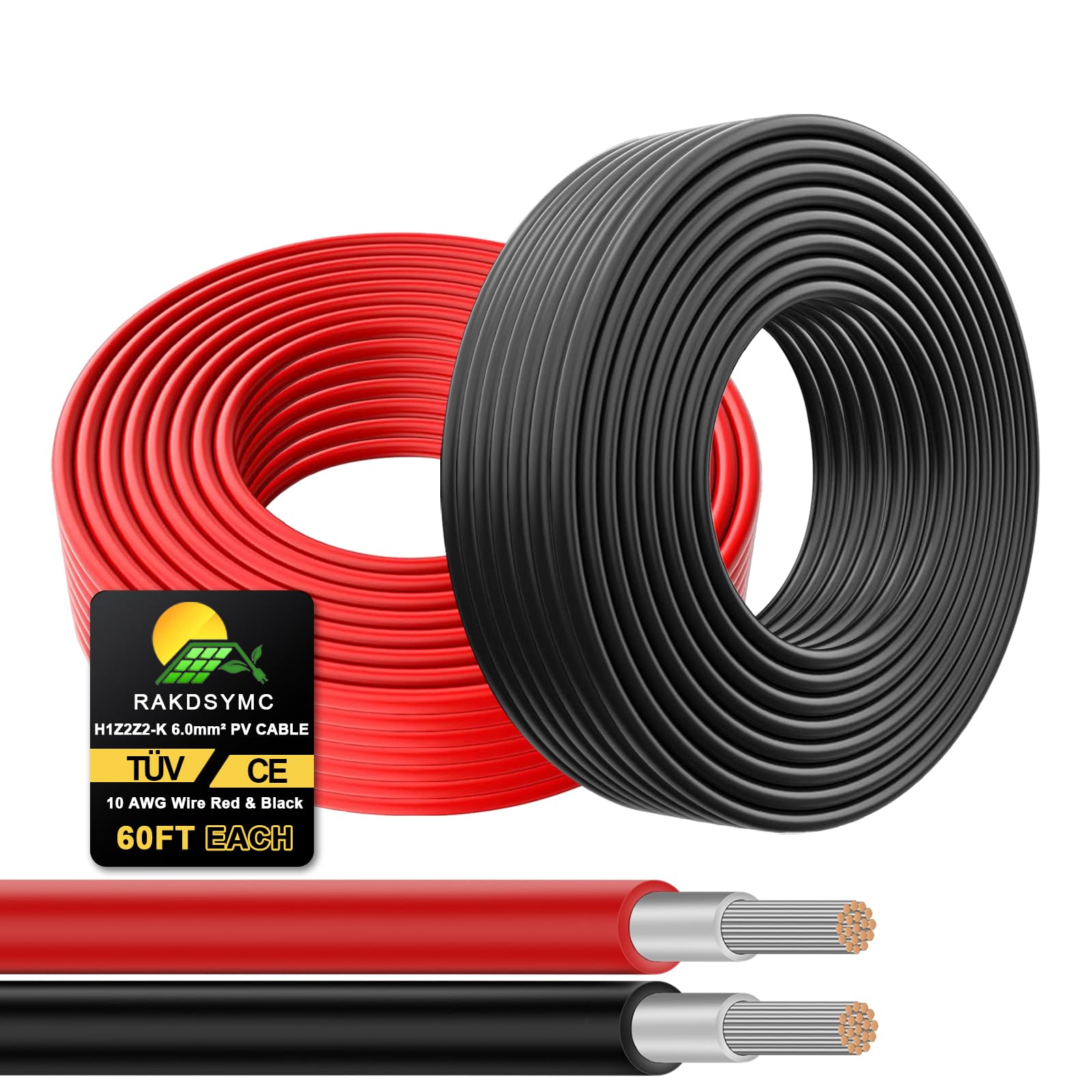 Solar Panel Wire - 60FT Black & 60FT Red Solar Extension Cable, 10AWG (6mm²) Tinned Copper Wire PV Wire for RV Solar Panels Boat Marine Automotive Home Outdoor - Red & Black (10awg 60ft)