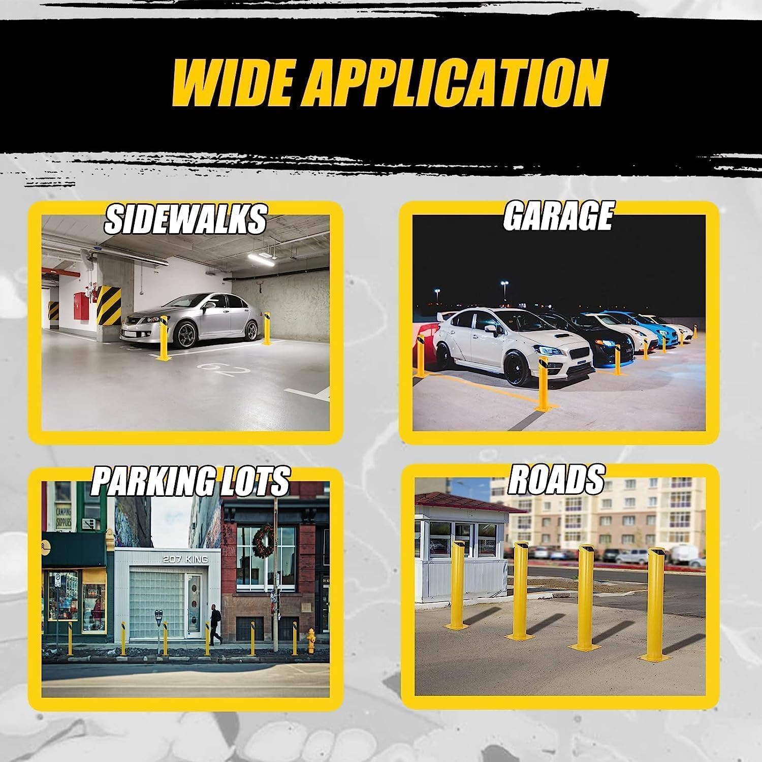 Safety Bollard 4 Packs, 42 Inch Height Bollard Post, 4.5 Inch Diameter, Yellow Safety Steel Bollard Post with 16 Anchor Bolts, for Traffic Control, Driveway Barrier, Parking Pole