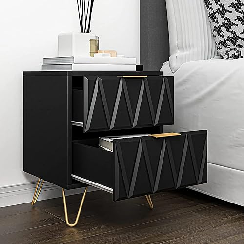 Miniatura 8 de CIAPCHO - Juego de 2 mesitas de noche negras, juego de 2 mesas de noche modernas con 2 cajones, mesa auxiliar negra y dorada con acabado de línea