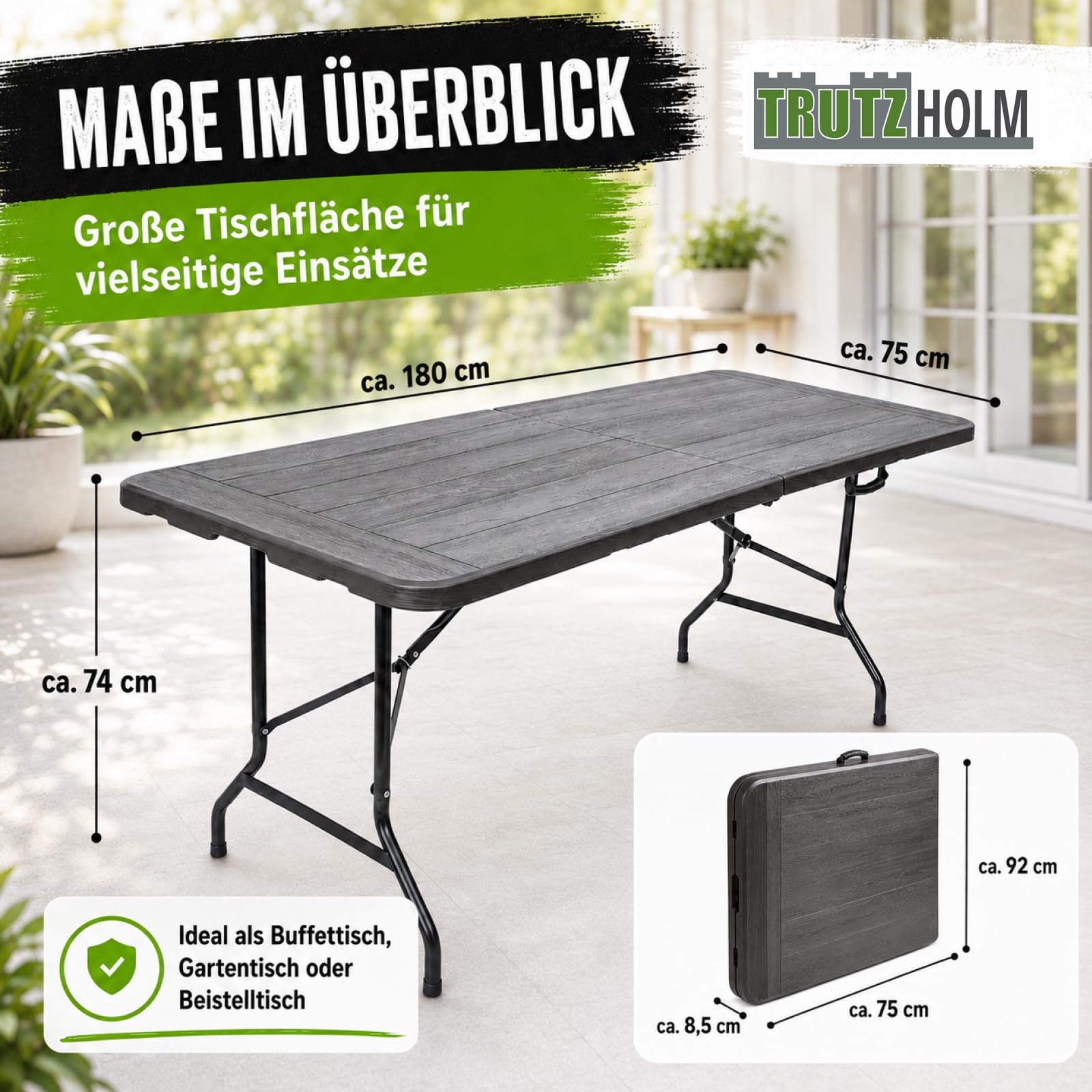 TRUTZHOLM Gartentisch Verkaufstisch Esstisch Bierzelttisch Klapptisch 180 x 75 x72 cm klappbar Campingtisch Partytisch 8 Personen mit Tragegriff Weiß (grau)