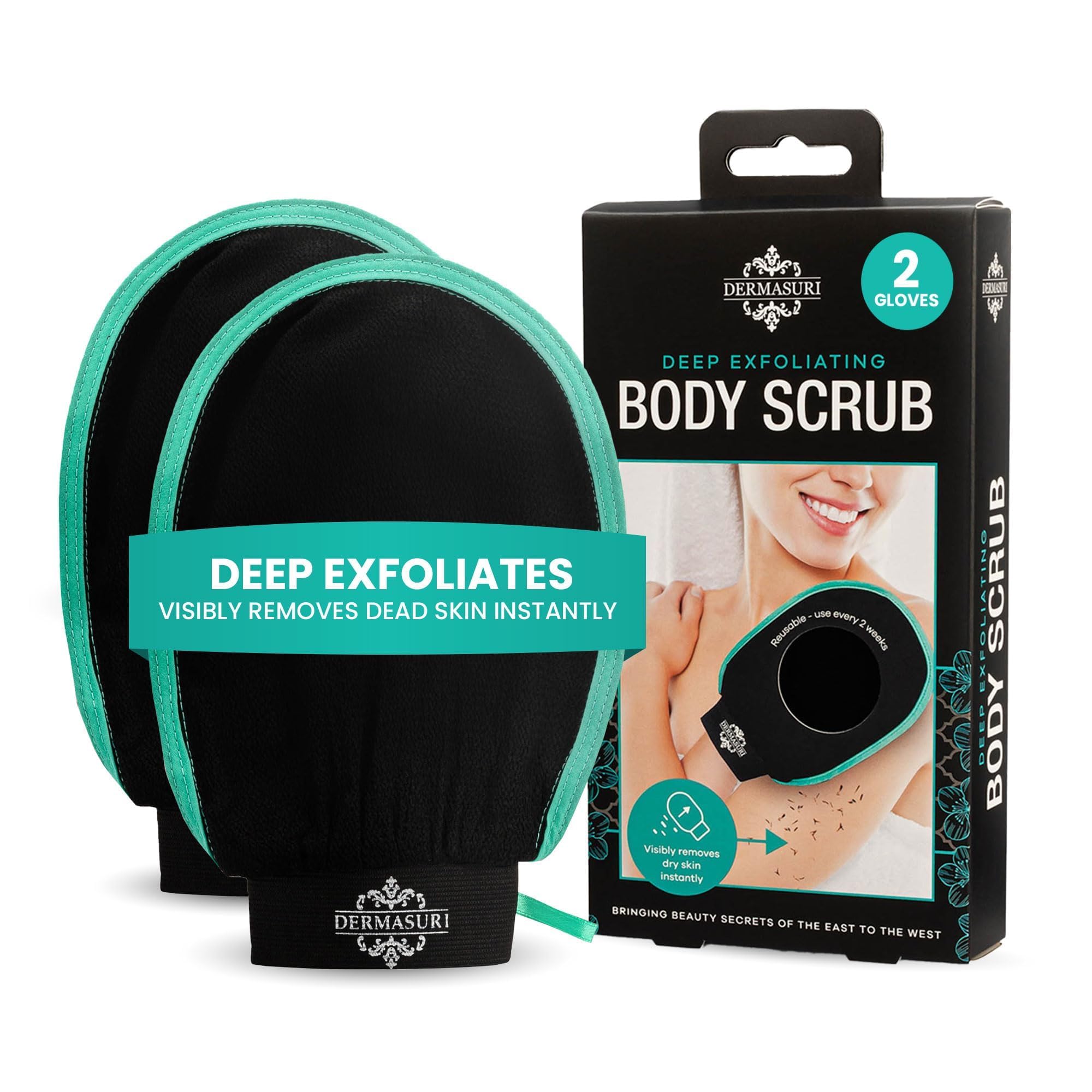 Dermasuri - Deep Exfoliating Glove - Korean Exfoliating Mitt & Body Scrubber - Keratosis Pilaris Treatment Scrub - Self Tanner Mitt & Ingrown Hair Exfoliator - Shower Gloves for Women & Men - (2 Pack) 2 Piece Mitt