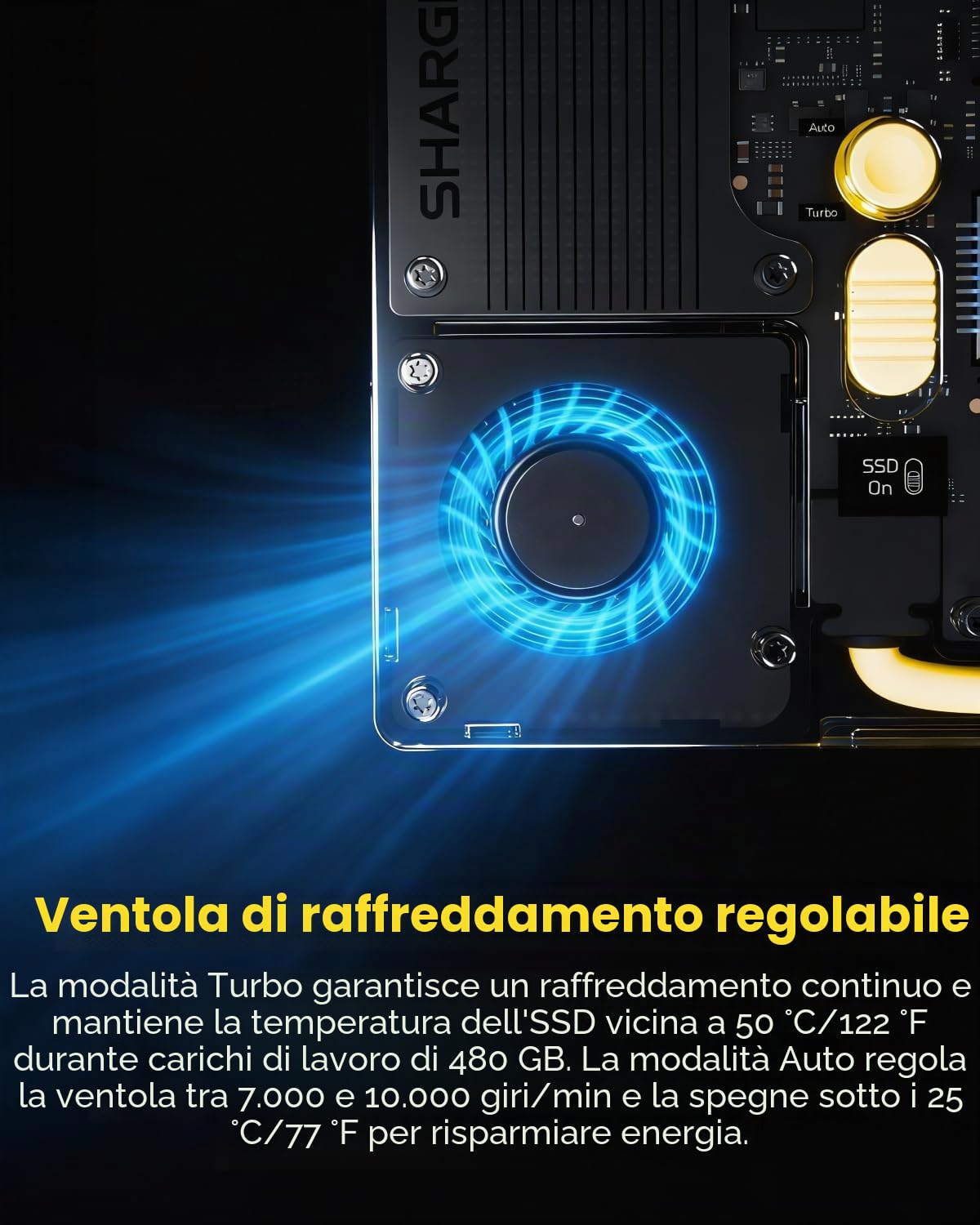 sharge Disk Pro SSD portatile da con raffreddamento attivo, hub a con HDMI 2.1, cavo USB-C 10 Gbps, SSD esterno magnetico per MacBook, PC, PS5, Steam Deck