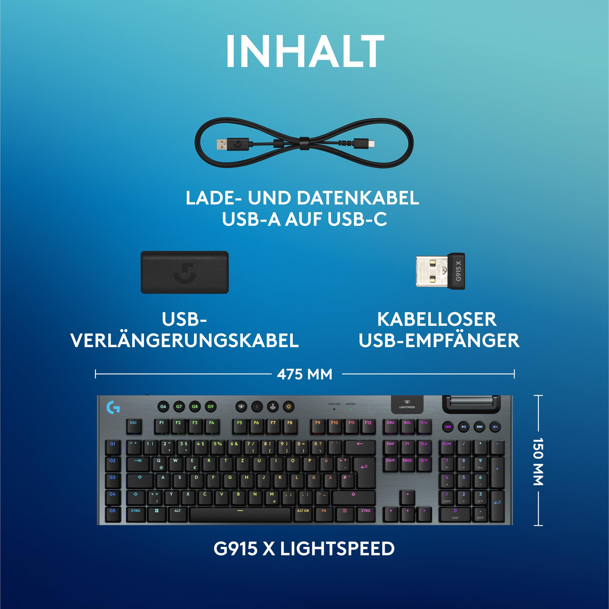 Logitech G G915 X Lightspeed - Kabellose, Flache Gaming-Tastatur, Double-Shot-PBT-Tastenkappen, voll programmierbare Tasten, RGB-Hintergrundbeleuchtung, GL Brown-Tactile, PC/Mac, DEU QWERTZ -Schwarz