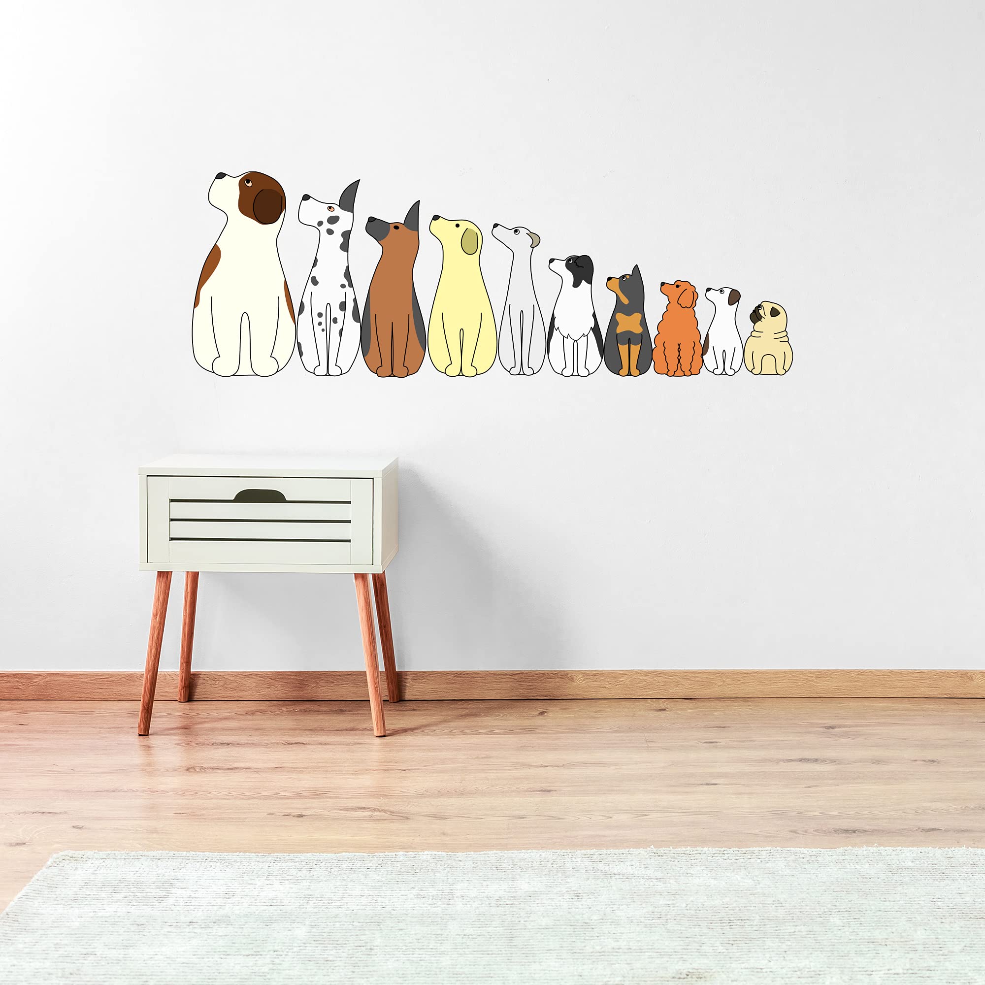 Row of Cartoon Dogs Looking Away Wall Sticker Decal Home Animal Mural Pets Art Puppy (60cm Width x 20cm Height)