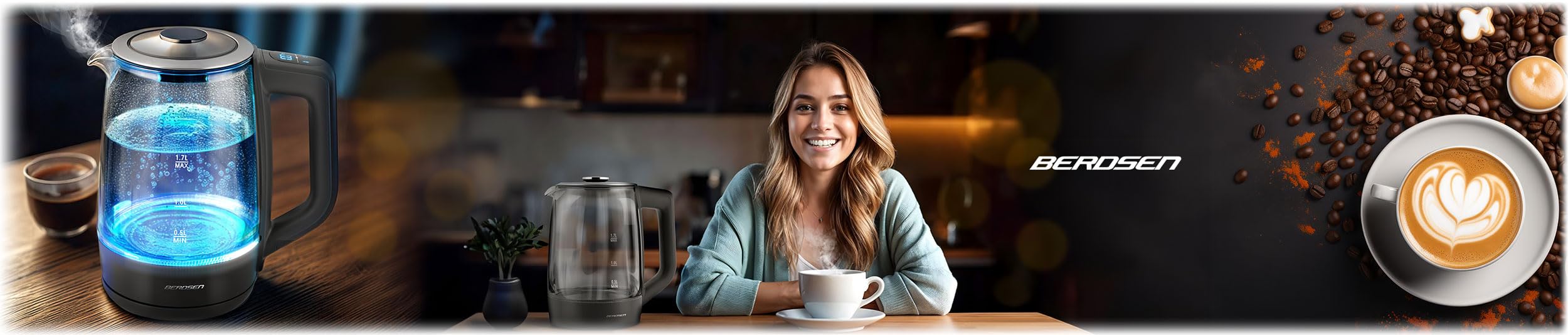 Berdsen Hervidor de agua con ajuste de temperatura, cristal de borosilicato, 1,7 L, función de mantenimiento del calor, panel táctil, indicador de temperatura, iluminación interior gris