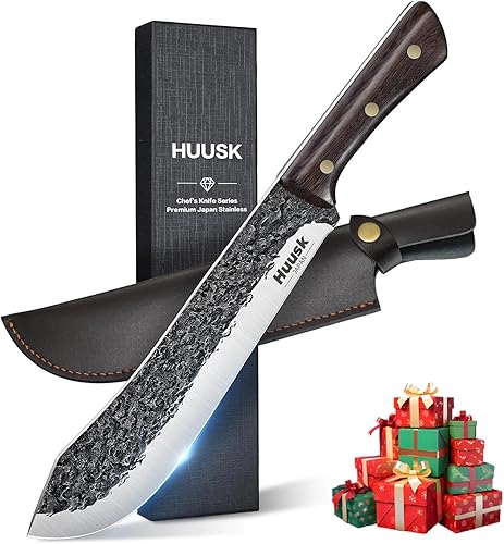 Huusk Cuchillo de carnicero para cortar carne, cuchillos de carne forjados a mano, cuchillo de alto carbono con mango de madera, cuchillo para