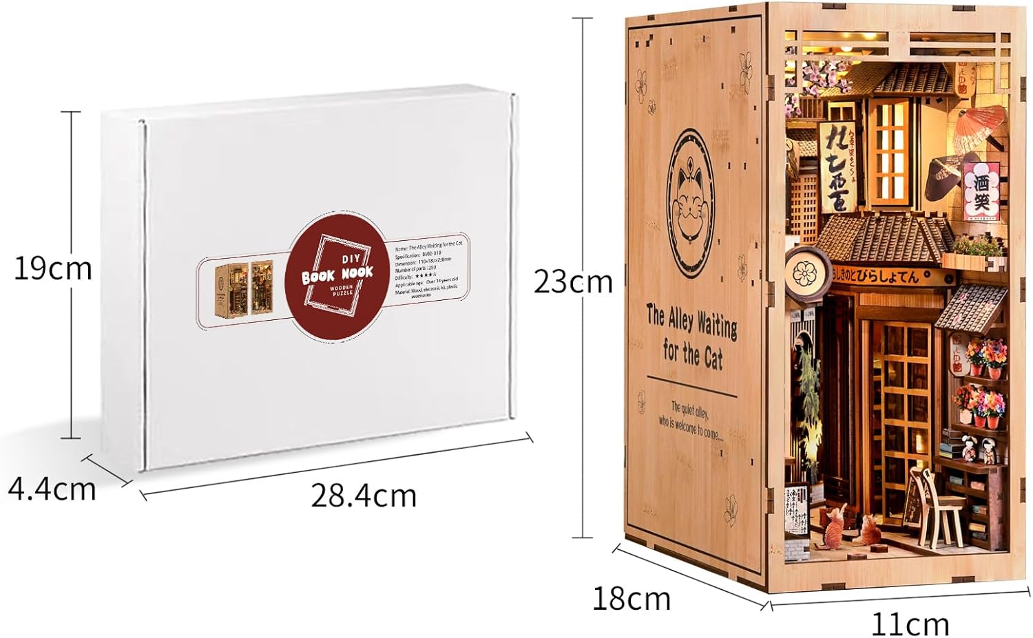 DIY Book Nook Kit, 3D Wooden Puzzle Bookend with LED Light, Japanese Street Alley Miniature House Model, Creative Shelf Insert Decor & Arts Crafts Gift for Adults Teens (The Alley Waiting for the Cat)