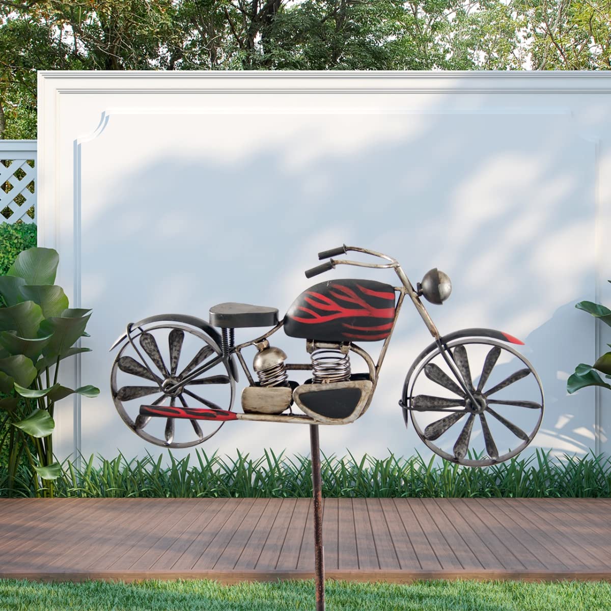 CIM Asta da Giardino in Metallo - Motorcycle Flame - con Effetto Anticato - Girandole: Ø 18 cm, Motivo: 51x32 cm, Altezza Totale: 160 cm - Attraente Decorazione da Giardino