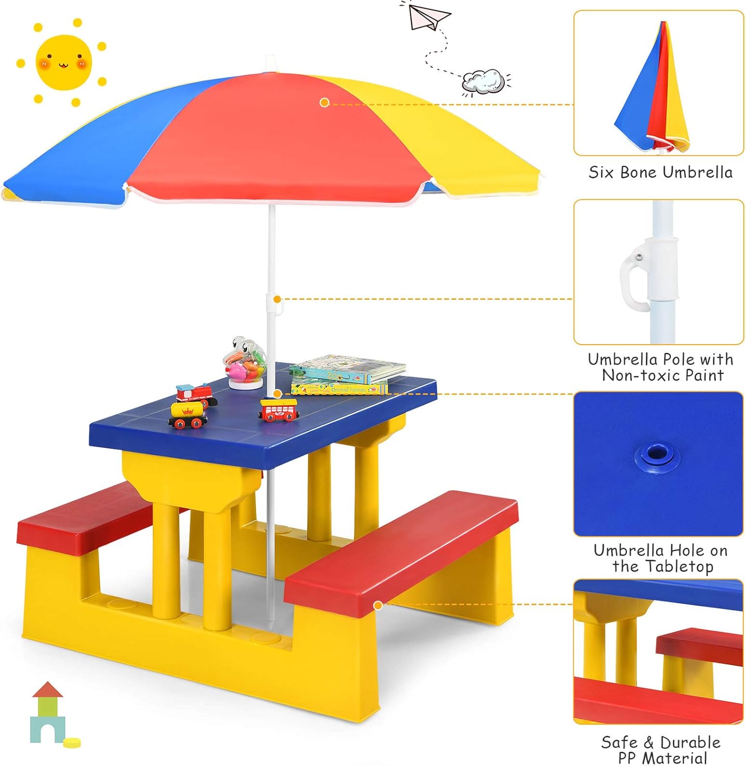 Costzon Kids Picnic Table, Kids Outdoor Table and Chair Sets with Removable Umbrella, Toddler Outdoor Furniture for Backyard, Garden, Patio (Colorful)