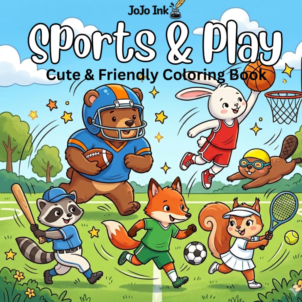 Sports & Play Cute & Friendly Coloring Book: Coloring Book with Cartoon Animals | Help Calm the Mind, Relax, and Focus | 8.5x8.5 inches, 82 Pages | 40 Colorable Images