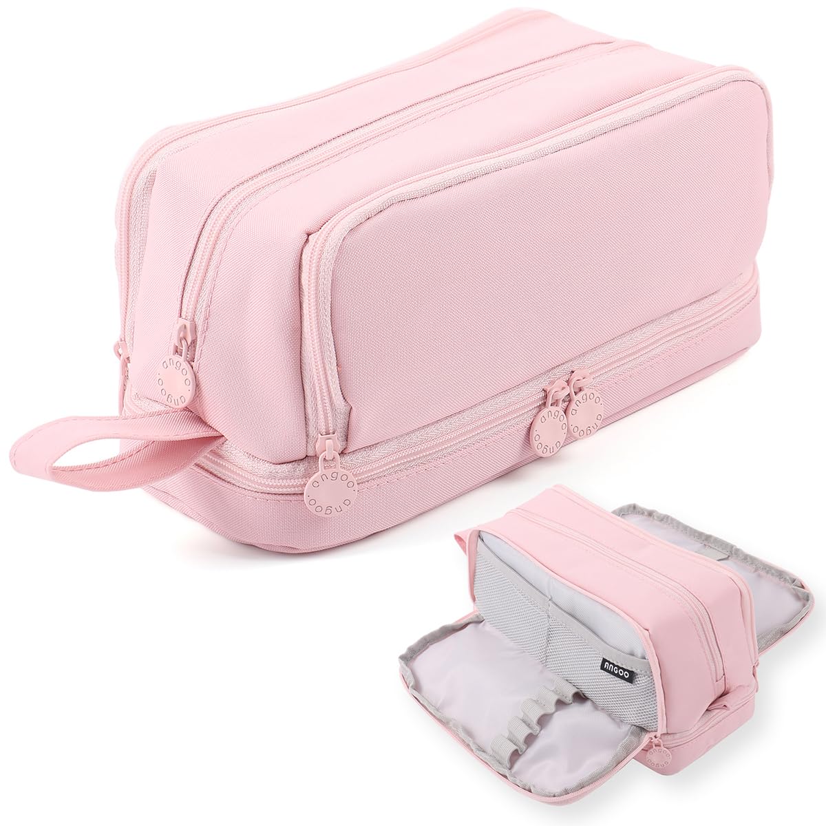 MAMUNU Large Capacity Pencil Case,Big Pen Pencil Pouch 3 Compartments Adult, Expandable Pencil Case with Portable Handle,School Stationery Organizer,Travel Makeup Cosmetic Bag, Pink, Make-Up Pouch