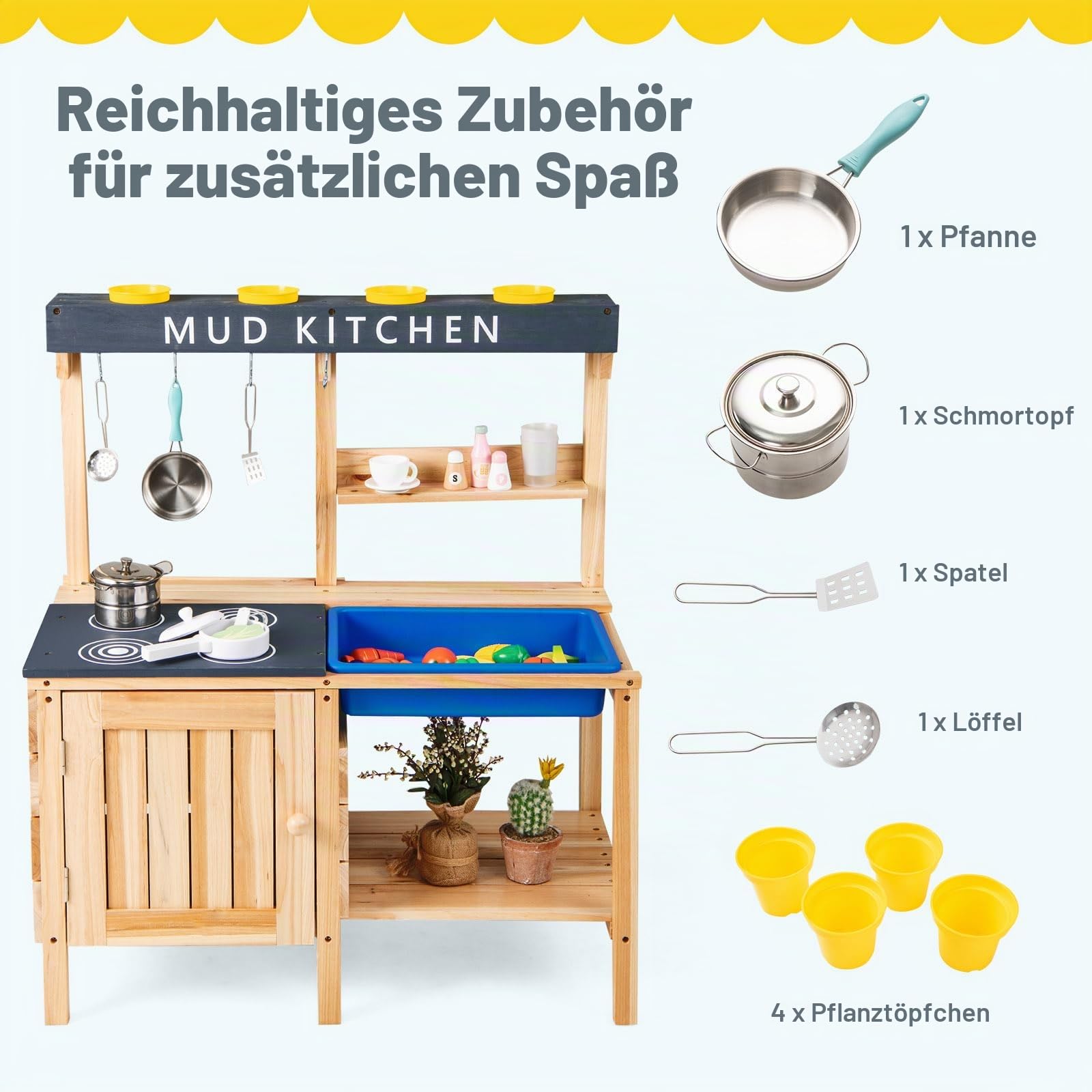 FANTASK Matschküche aus Holz, Kinder Spielküche mit abnehmbarem Waschbecken & Zubehör, Outdoor Kinderküche mit Schrank, 2 Ablagefächern, Becherhalter & Haken, Gartenküche für Kinder ab 3 Jahren