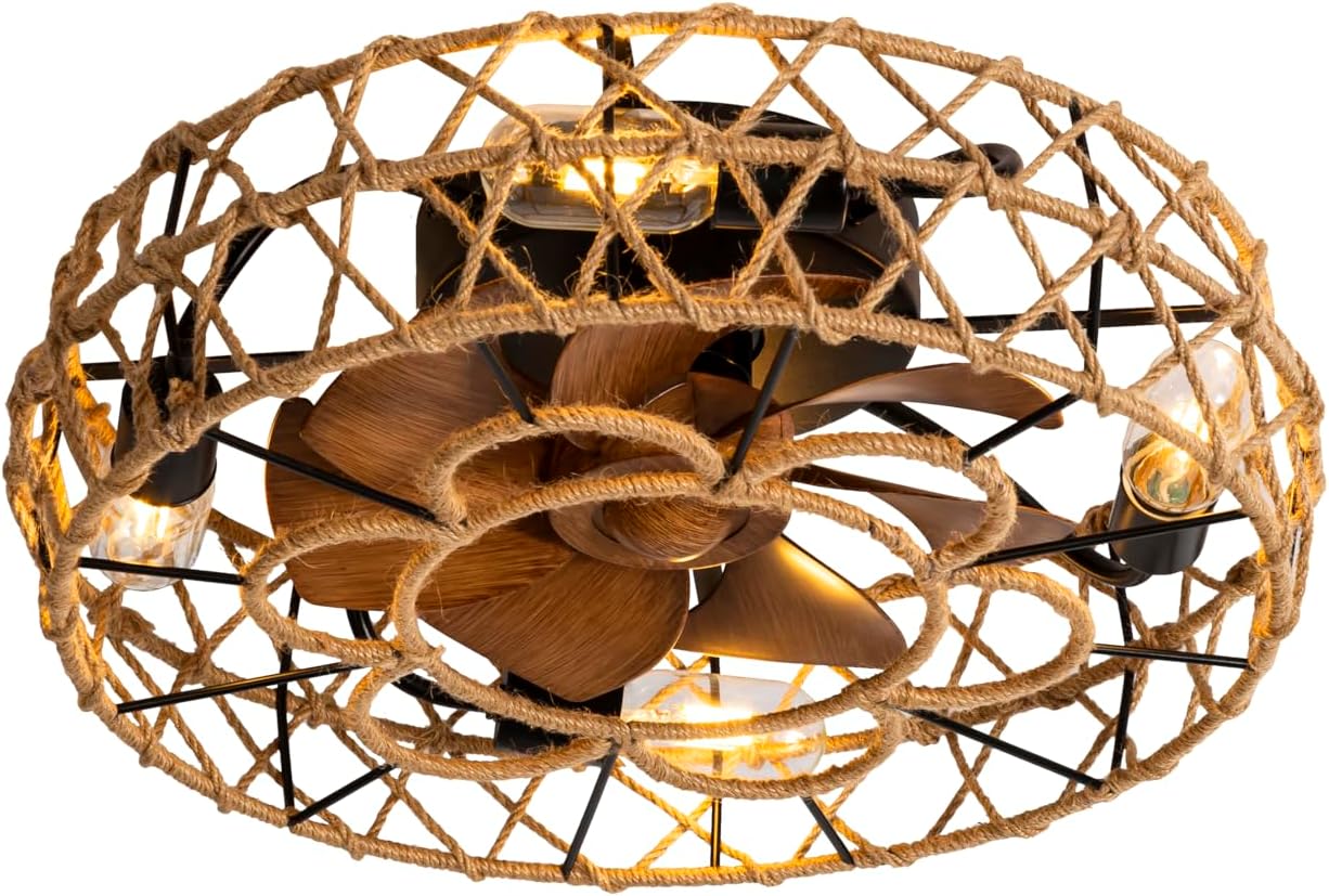 ZYD Boho Caged Ceiling Fan with Light, 19" Flush Mount