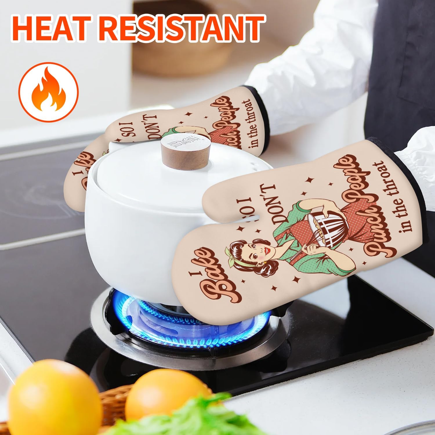 Funny Oven Mitts for Women Humorous Pot Holder Set Fun Kitchen Gadgets Baking Gifts for Women Retro Humor Cooking Housewarming Presents for Wife Mom Sister (Red & Green, Oven Mitts & Pot Holders) - Image 2