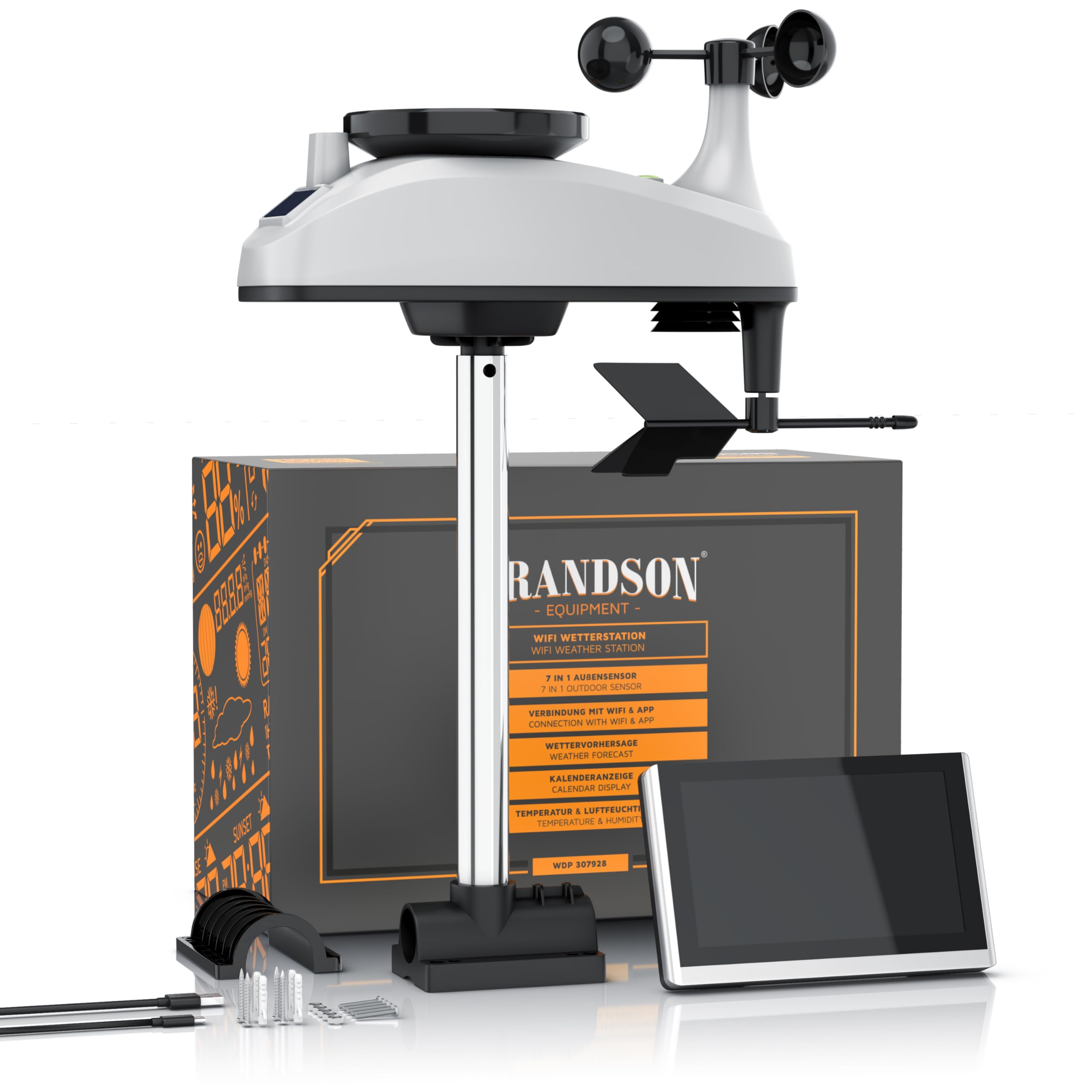 Brandson – Wlan Wetterstation mit TFT Farbdisplay – 7 in 1 Funk Außensensor – mit Tuya Smart App – Trend-Diagramme – Windgeschwindigkeit Windrichtung Regenmesser Temperatur Luftfeuchtigkeit Niederschl